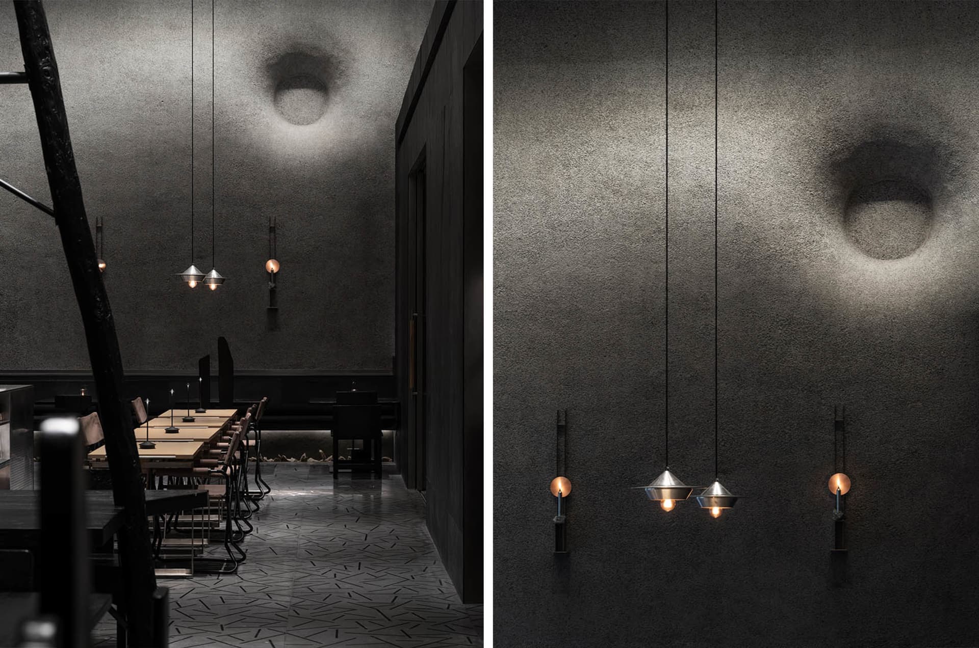 A restaurant interior with a warm atmosphere, featuring a long table, chairs, and modern lighting fixtures