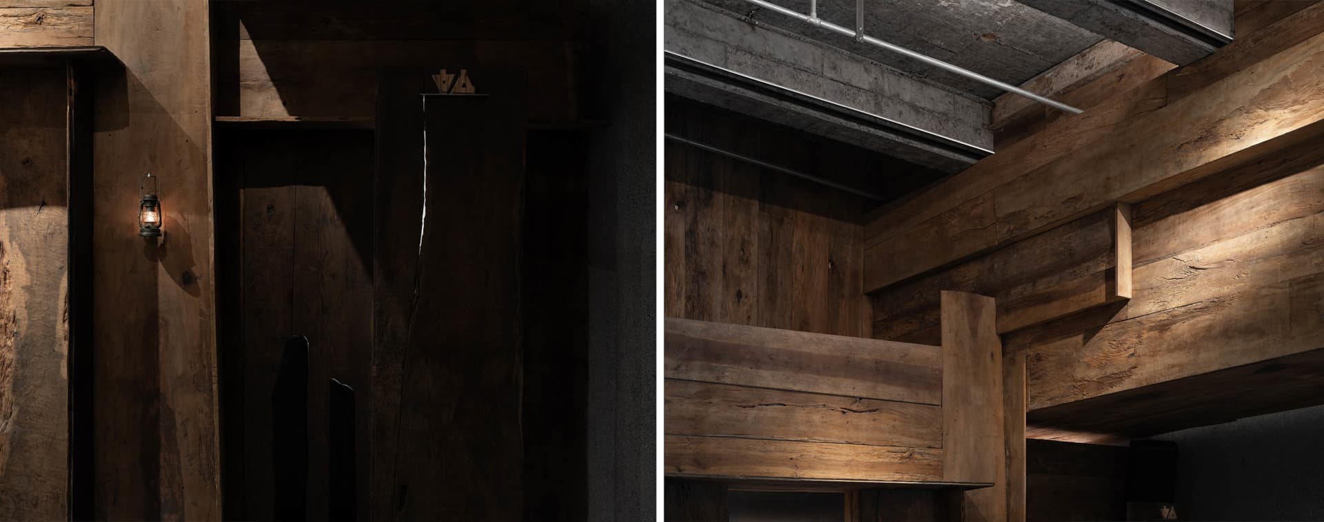 Wooden room with two beds and a doorway, featuring a warm and rustic atmosphere with a cup on a surface