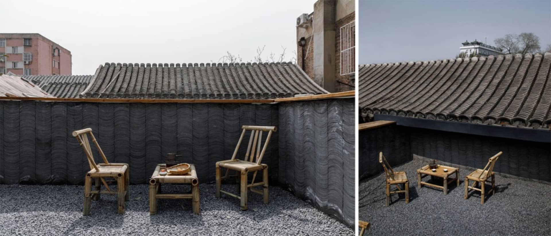 Cozy outdoor patio with wooden furniture, gravel surface, and a rustic wooden structure