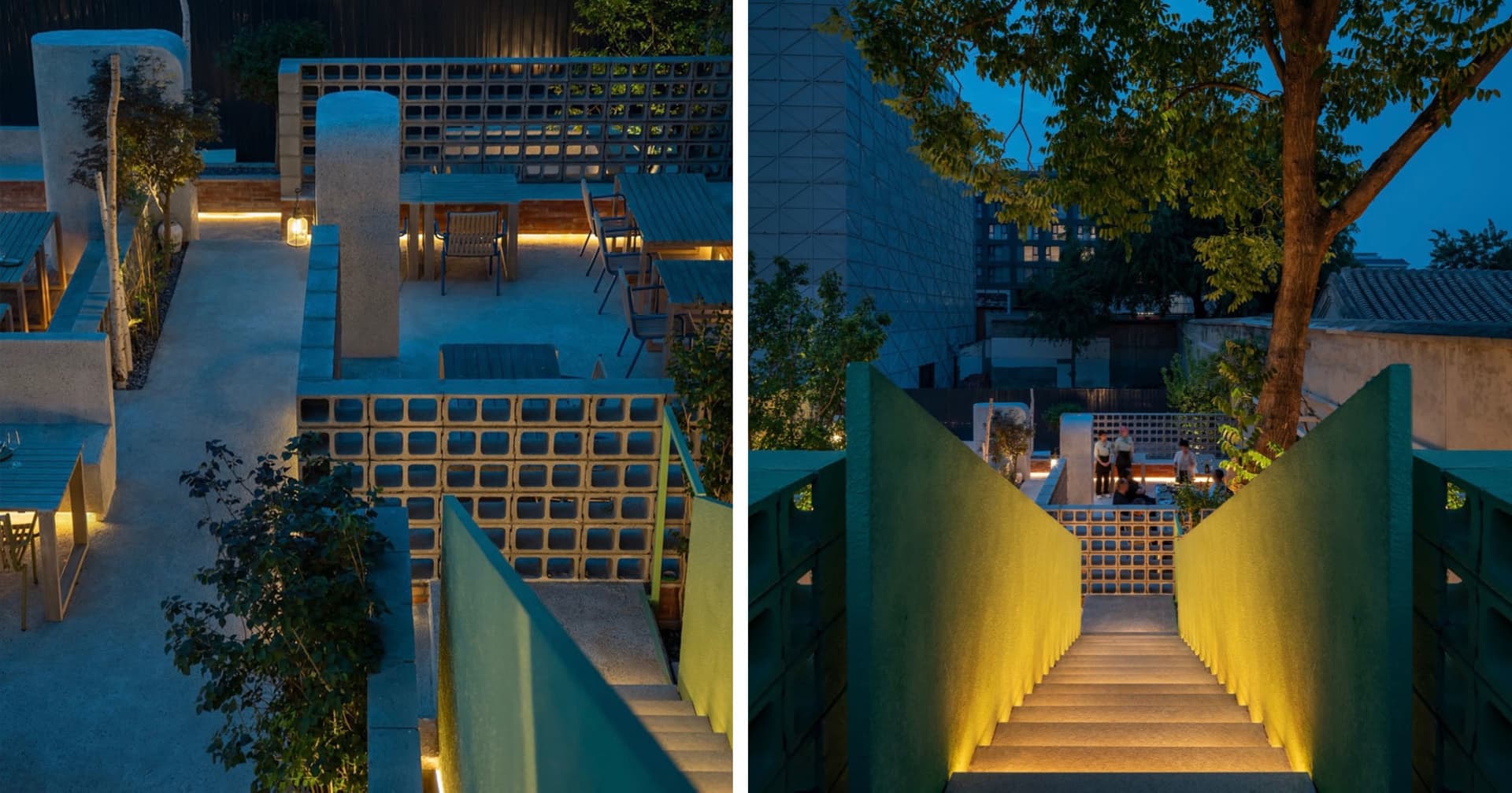 Modern restaurant with yellow railing, stairs, chairs, and dining tables