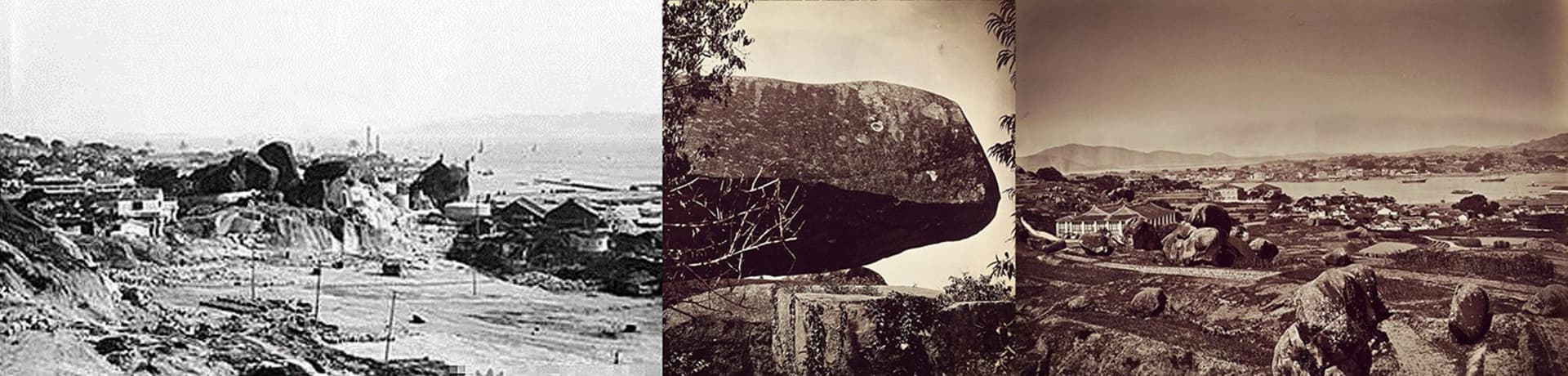 Black and white photos of a rock formation in a field, with trees and a natural ambiance