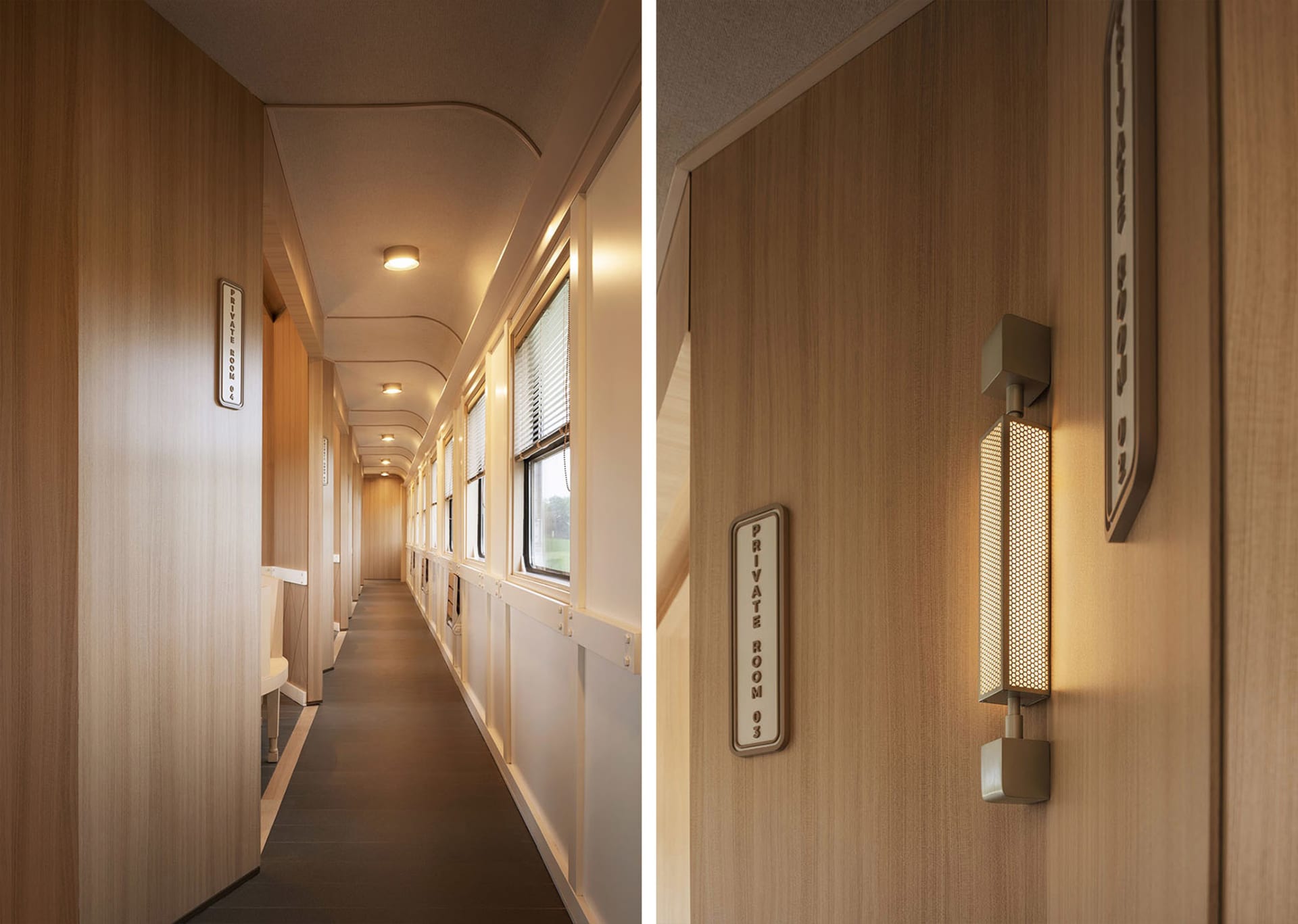 A train station hallway with a long corridor and windows, and a hotel room with a bed and white walls