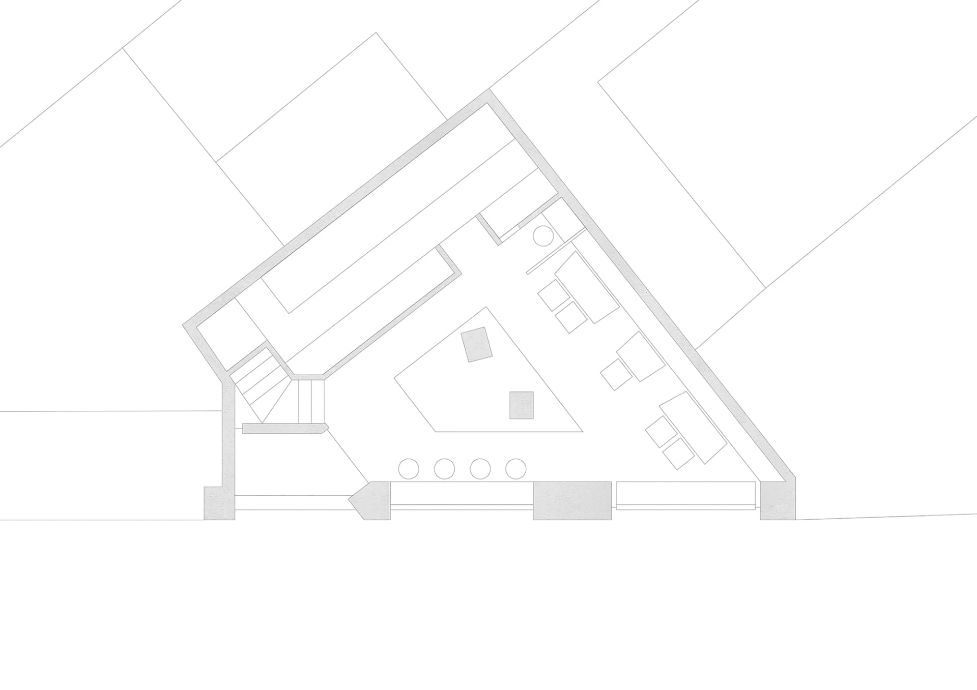 Modern open-plan living and dining space with a dining table, chairs, couches, and clean lines