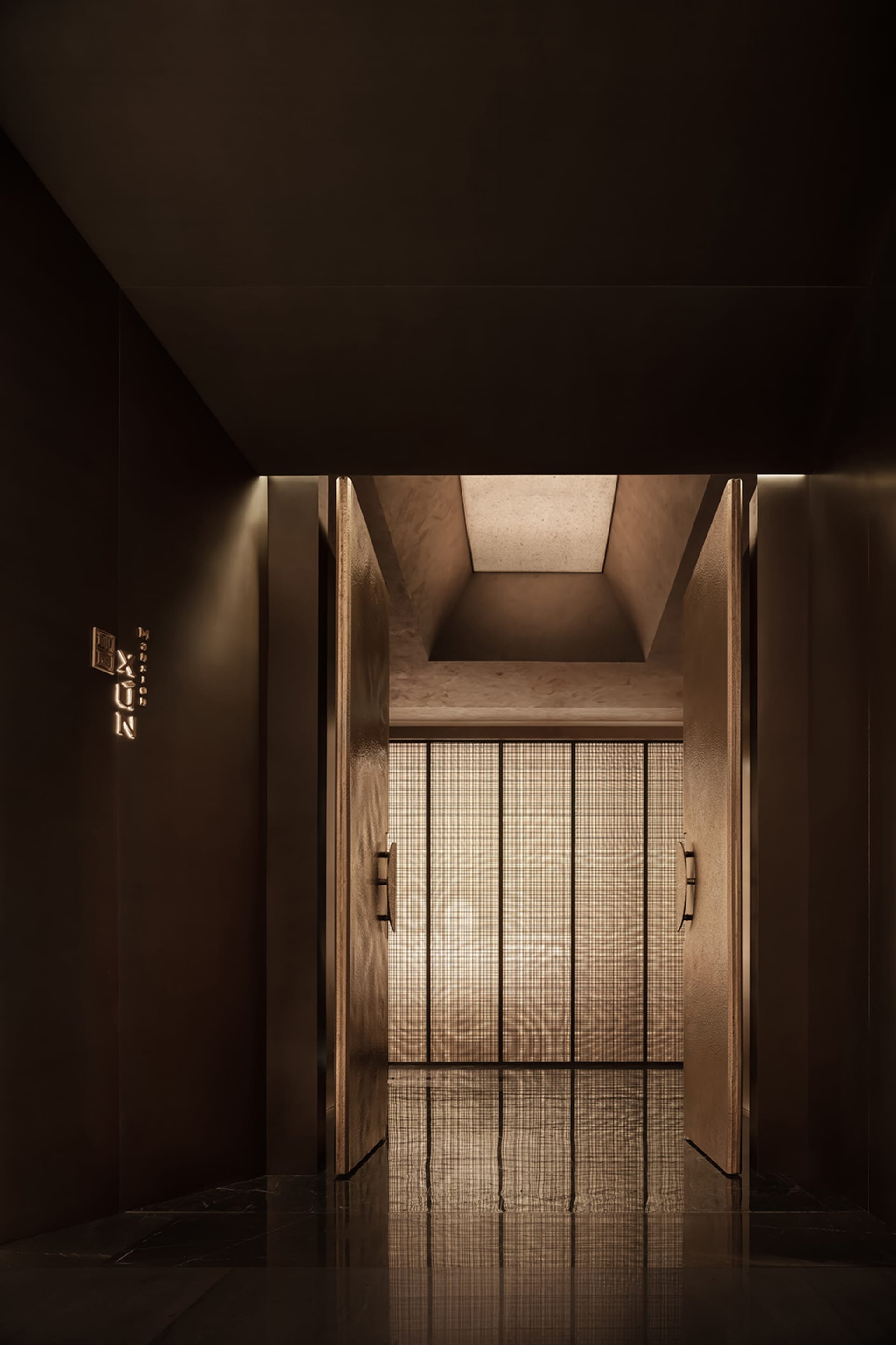 Wooden hallway with two doors and a window, providing natural light