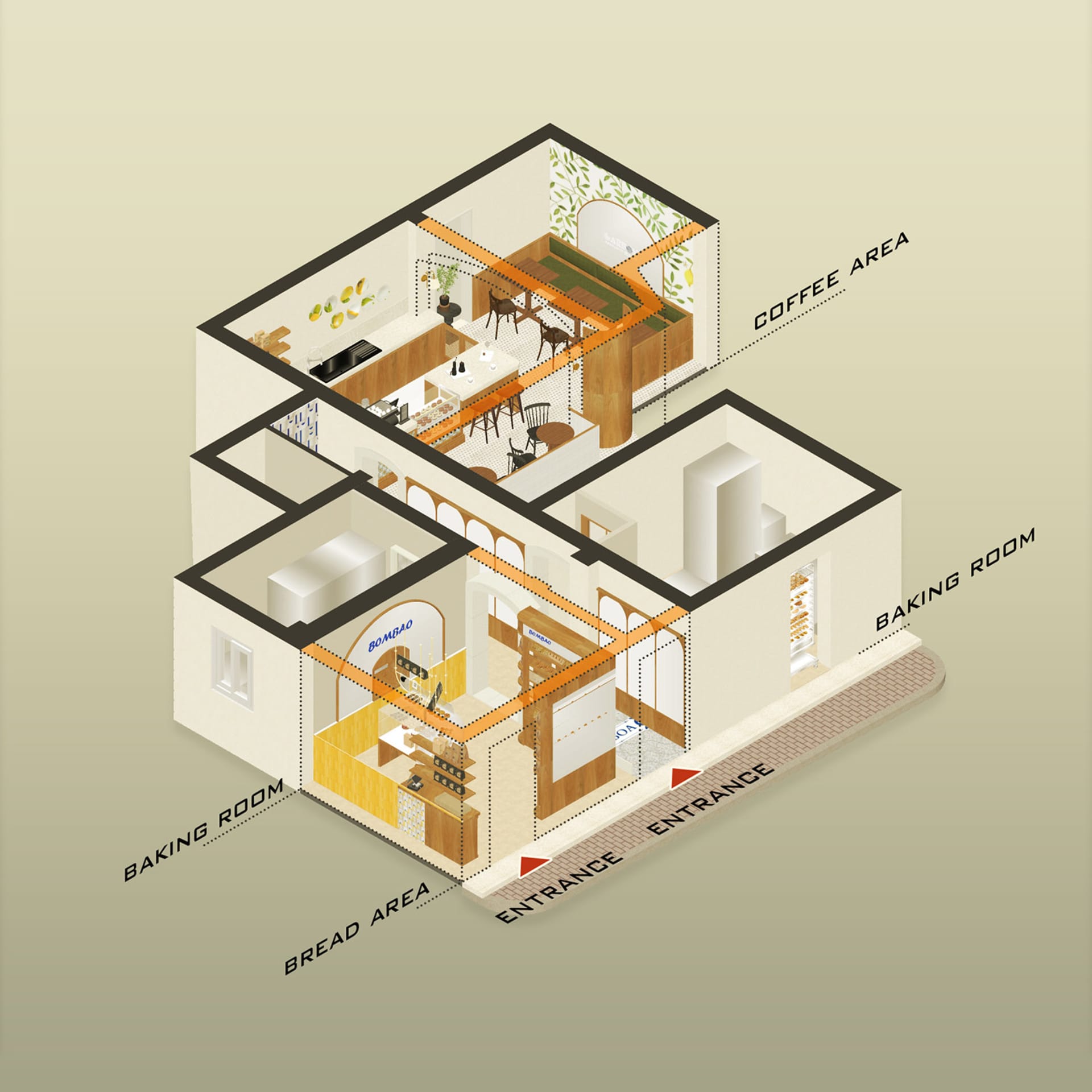 Architectural rendering of a modern home interior with wooden floors and walls, featuring a kitchen, dining area, living room, and bedroom, with chairs and potted plants