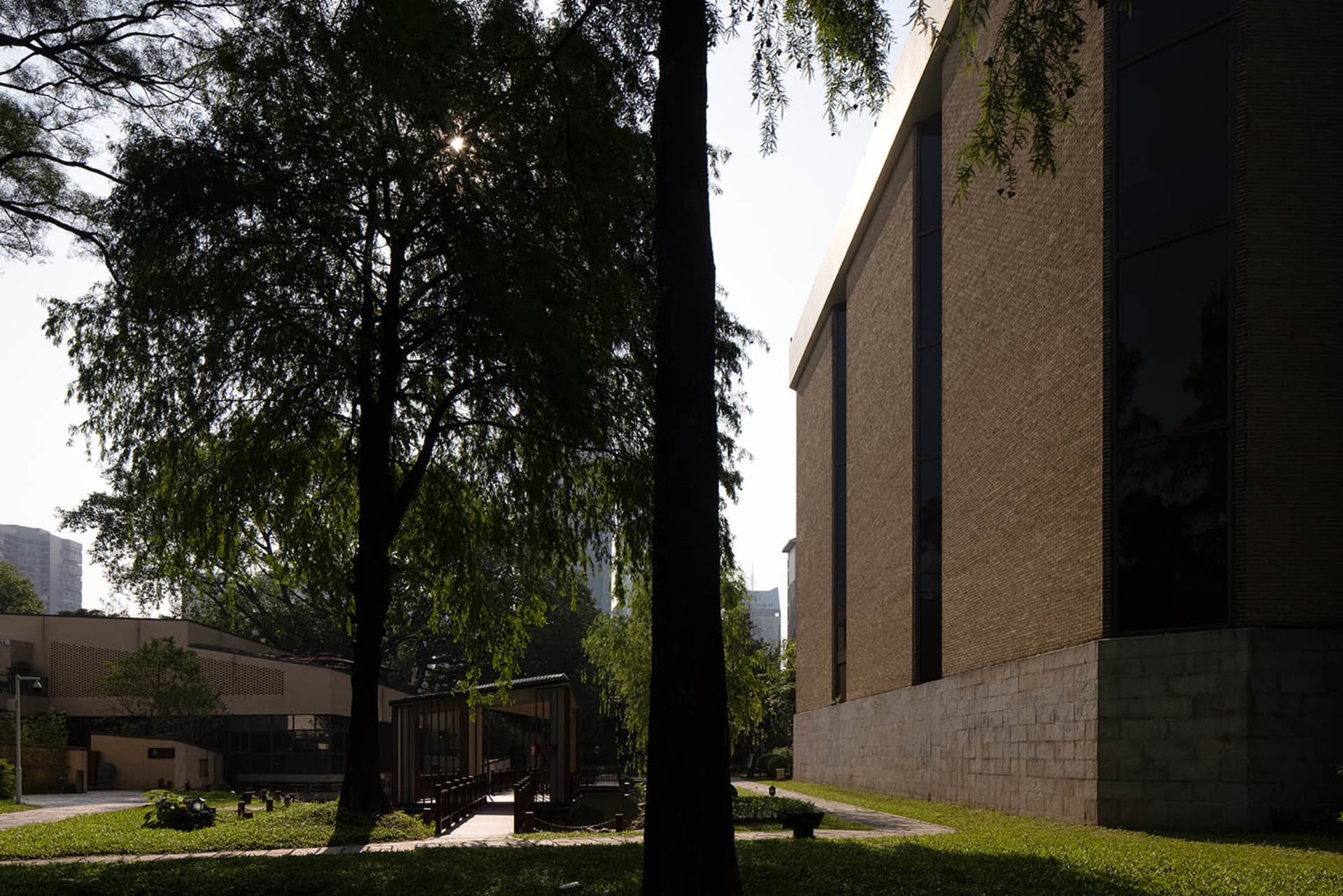 A modern building with a brick facade, surrounded by trees, with sunlight illuminating the scene, creating shadows and highlights on the building's surface