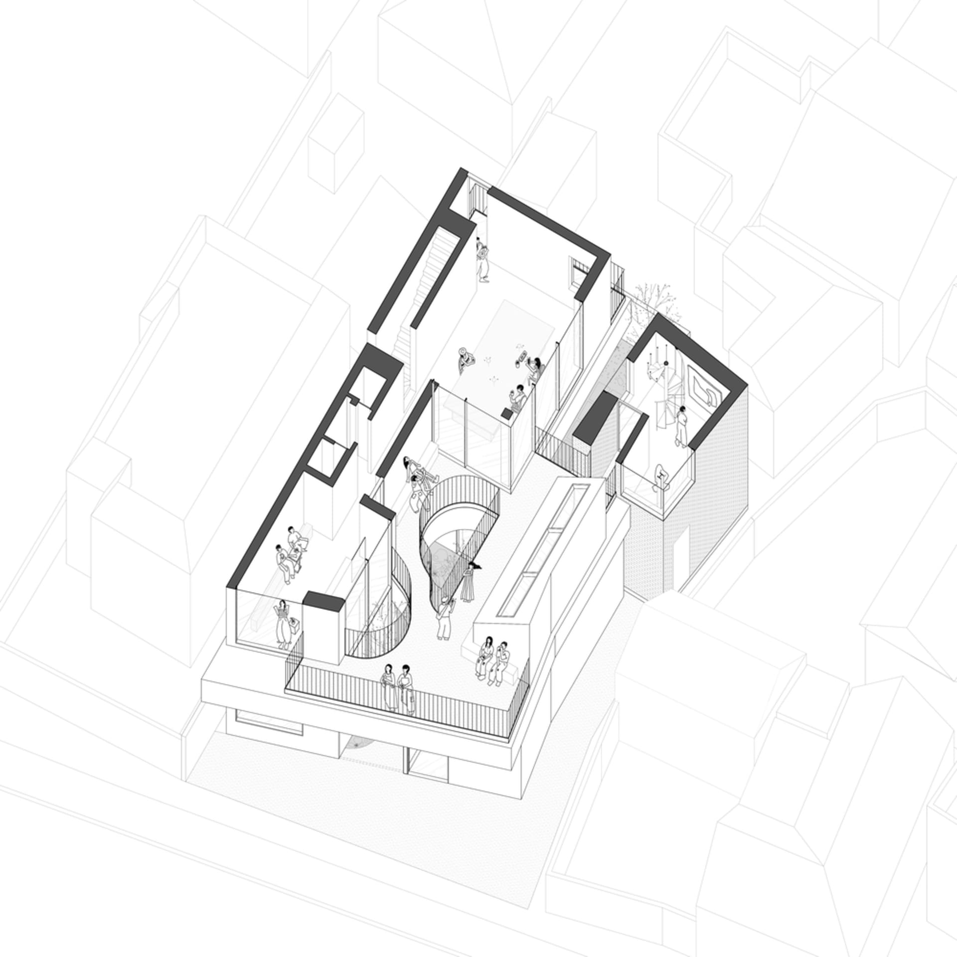 Architectural rendering of a modern building with multiple levels, a staircase, and various rooms connected by linework and labels