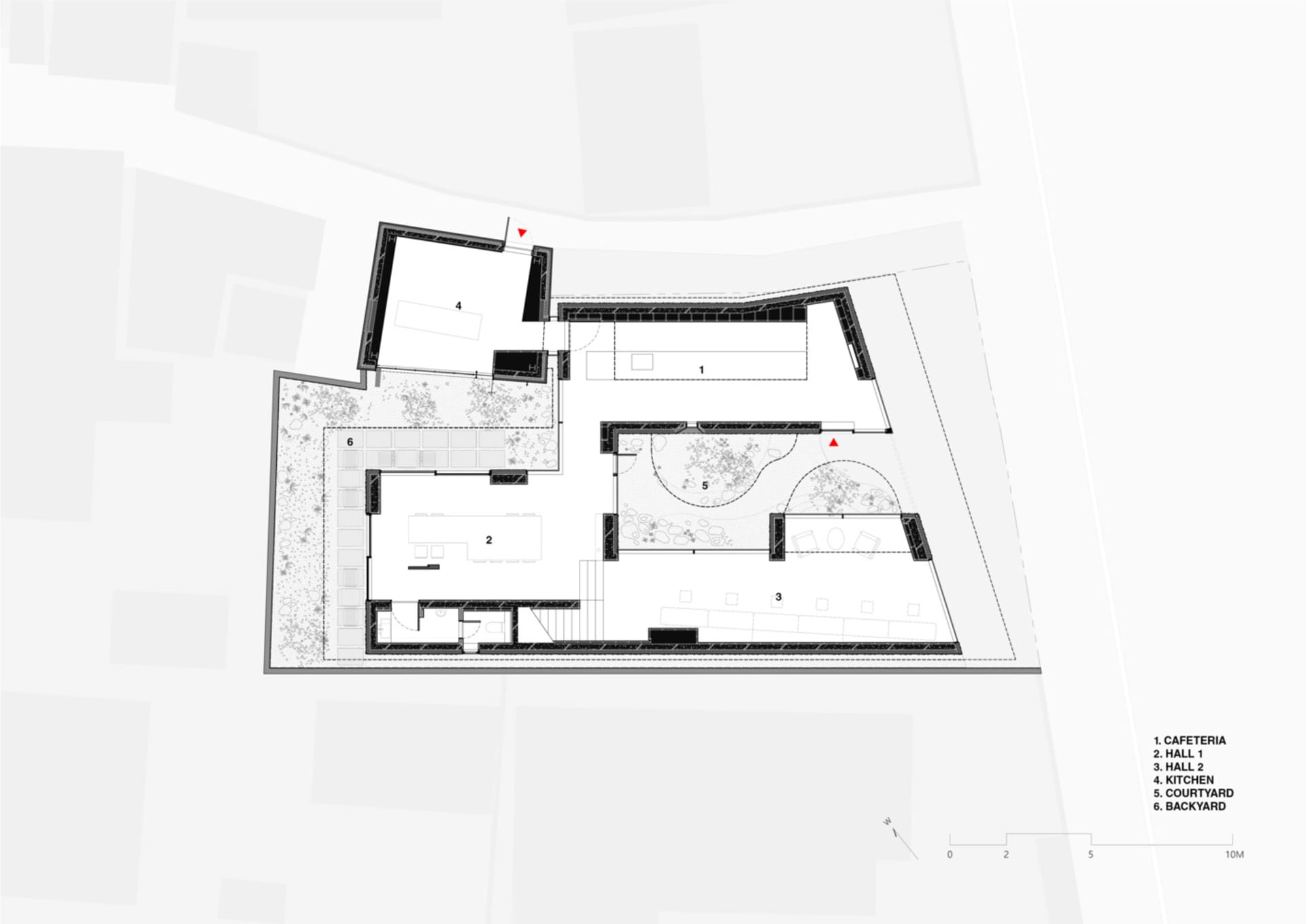 現代建築的 2D 平面圖，包含開放區域與封閉空間、樓梯及中性色調
