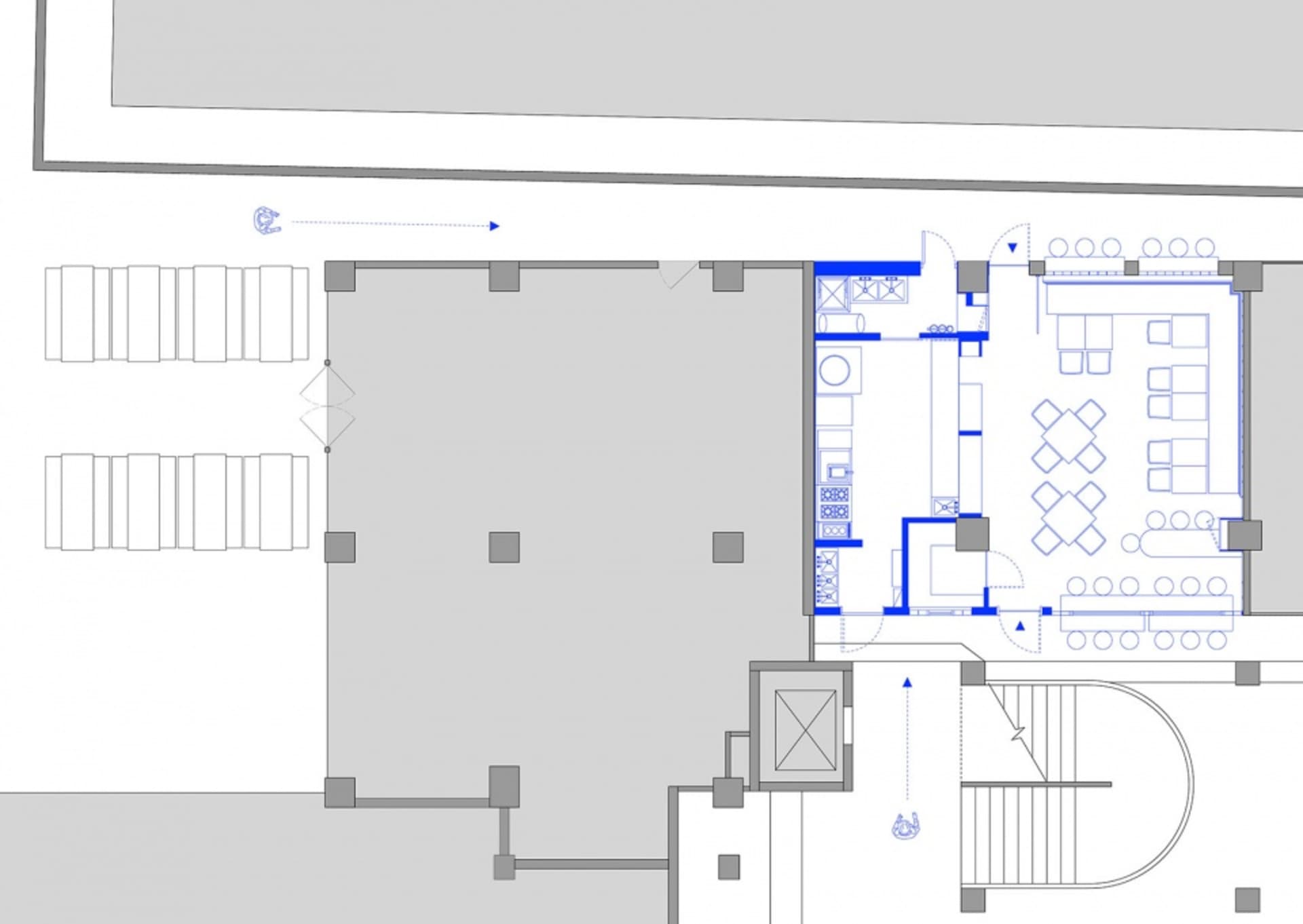 2D floor plan of a modern building with dining area, kitchen, and living spaces, featuring linework, labels, and measurements