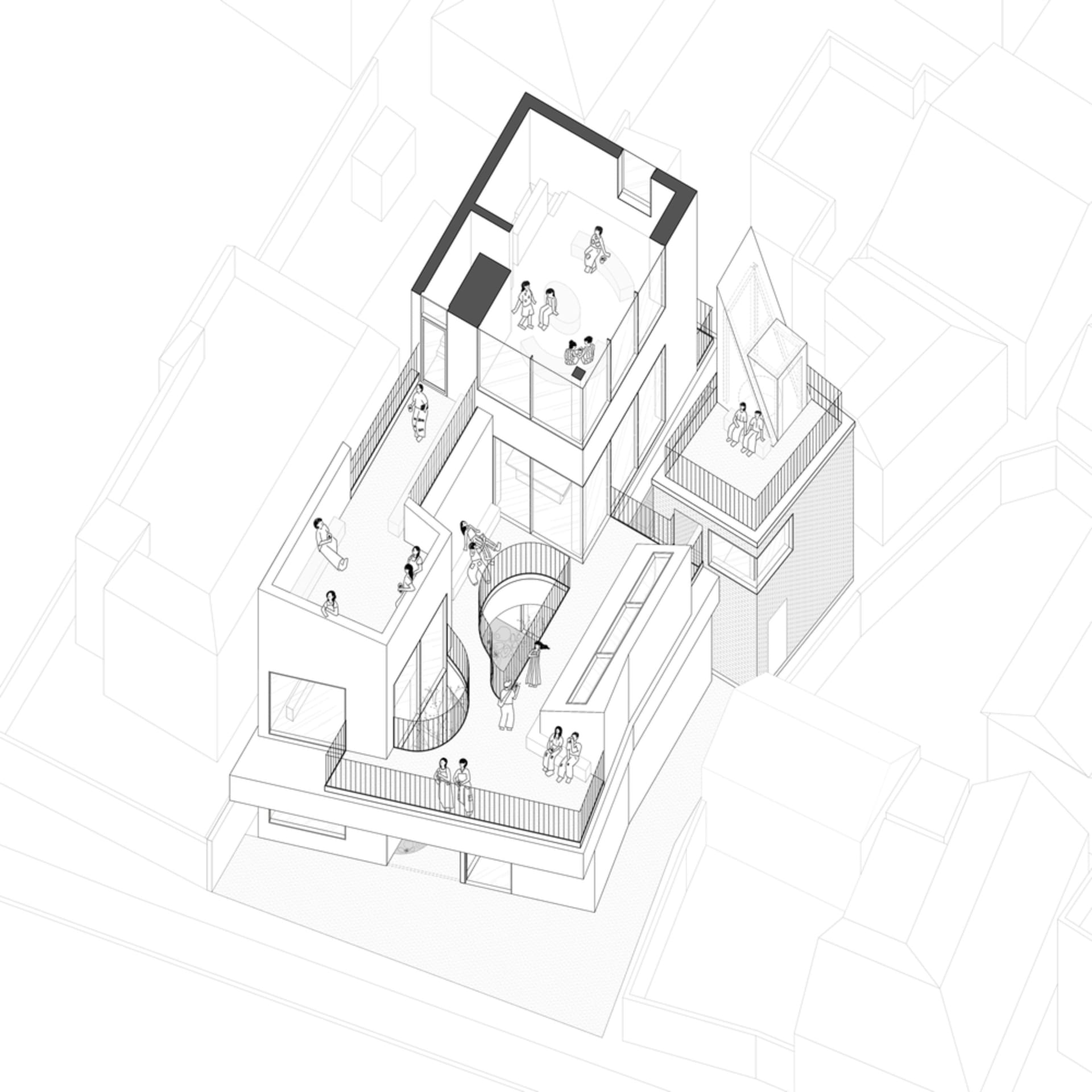 A modern floor plan with multiple levels, rooms, and white walls, featuring a bright and airy atmosphere