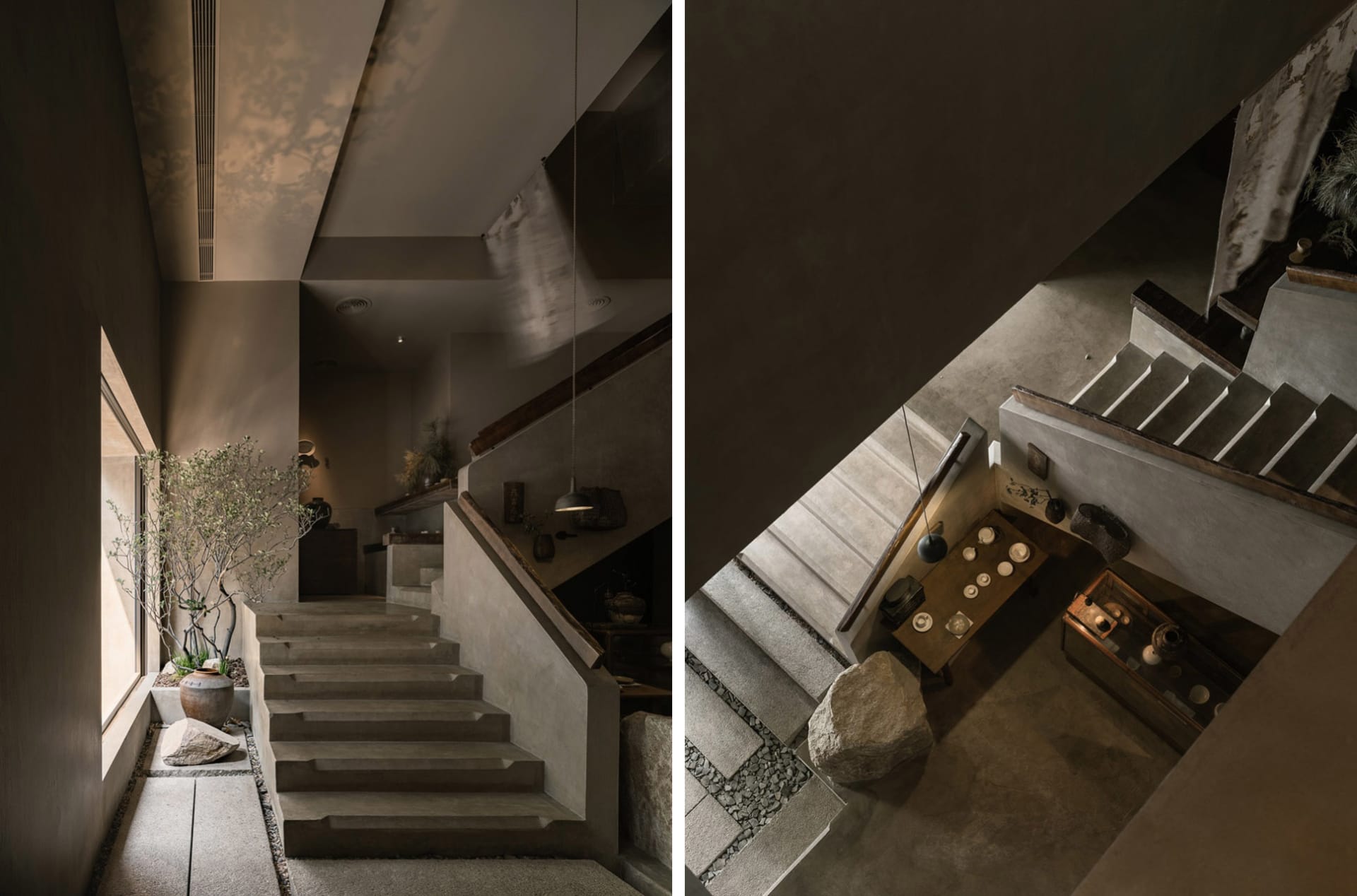 A staircase made of wood in a cozy living space with a warm and inviting atmosphere, connecting to a basement area