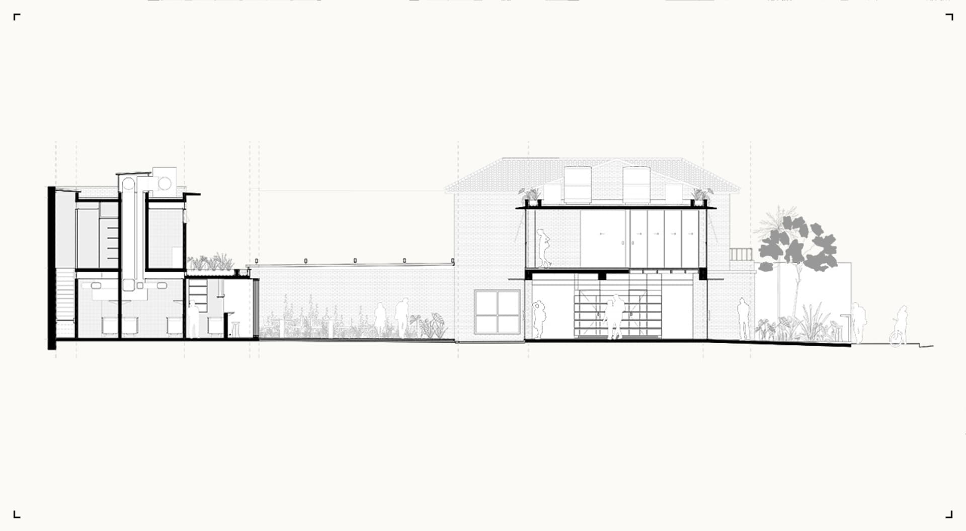 Architectural rendering of a modern house with a white exterior, open living area, and backyard patio, featuring people in a comfortable and inviting atmosphere