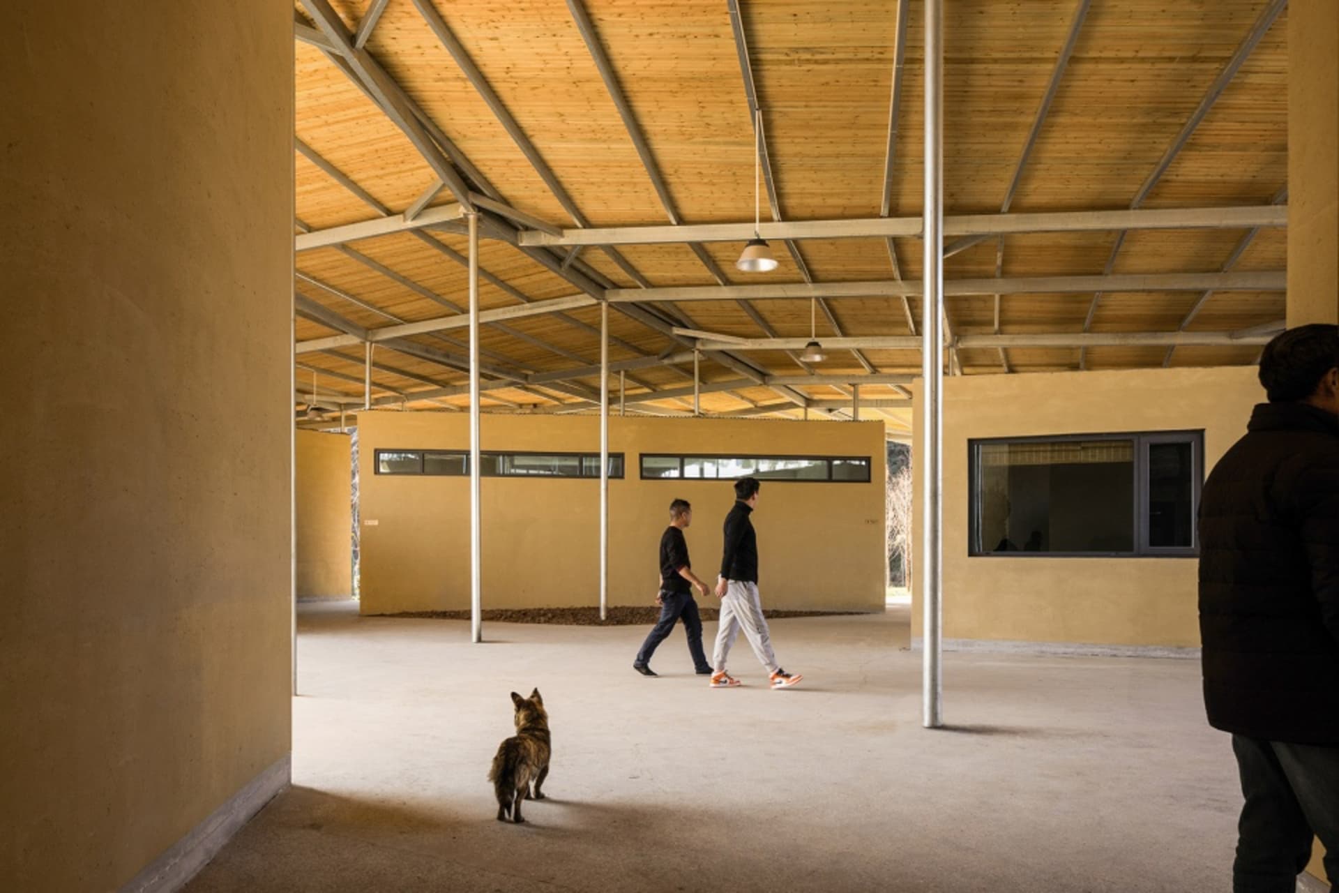 Two men walking in a calm and peaceful indoor space with a dog, surrounded by wooden floors and a serene atmosphere