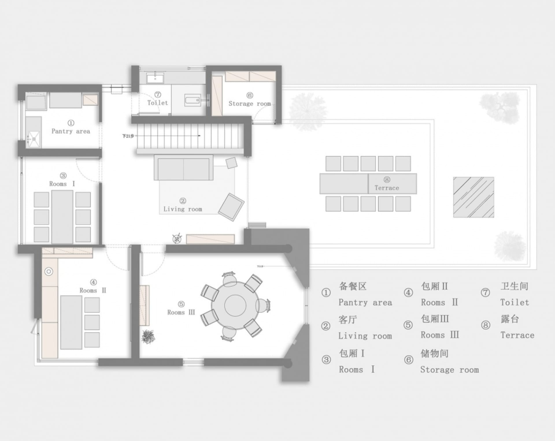 3D architectural rendering of a house with a mix of styles, featuring a living room, dining area, kitchen, and storage room