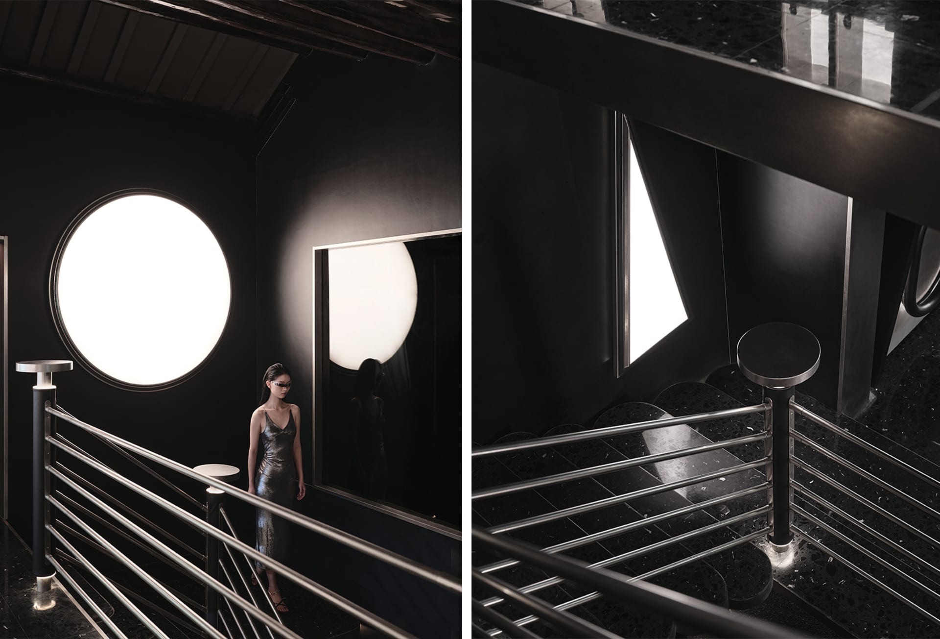 Black and white photos of a modern metal staircase with two women standing on the stairs in one photo and one woman in the other