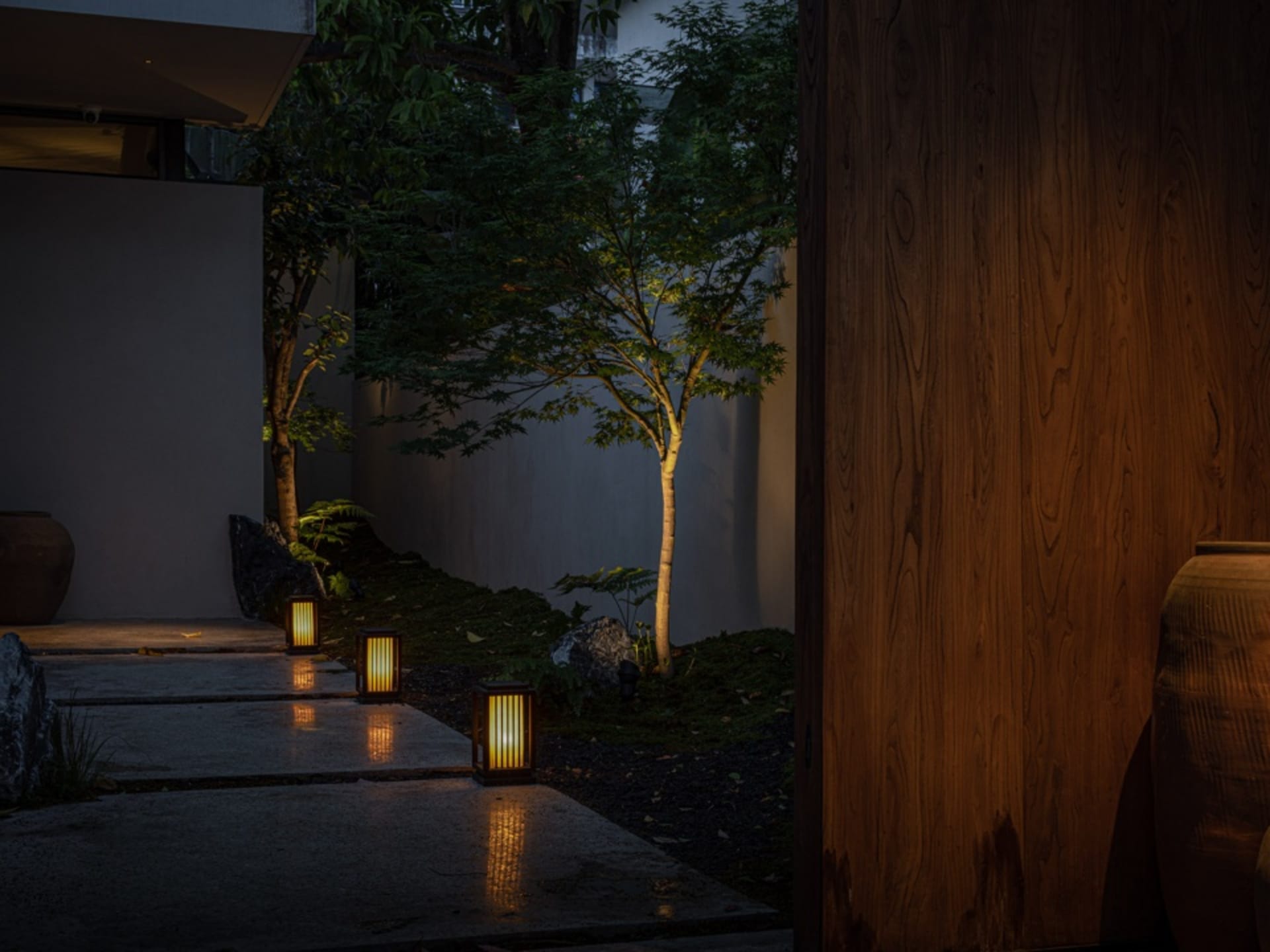 A well-lit outdoor area with a wooden fence, two trees, and a wall in the background