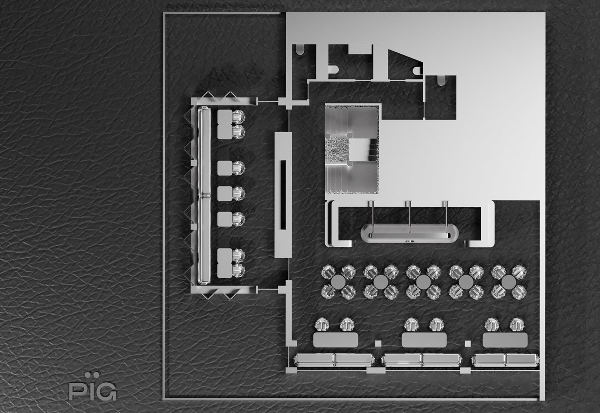 2D floor plan of a modern restaurant with steel and glass walls and ceiling, featuring multiple dining tables and chairs, with daytime lighting