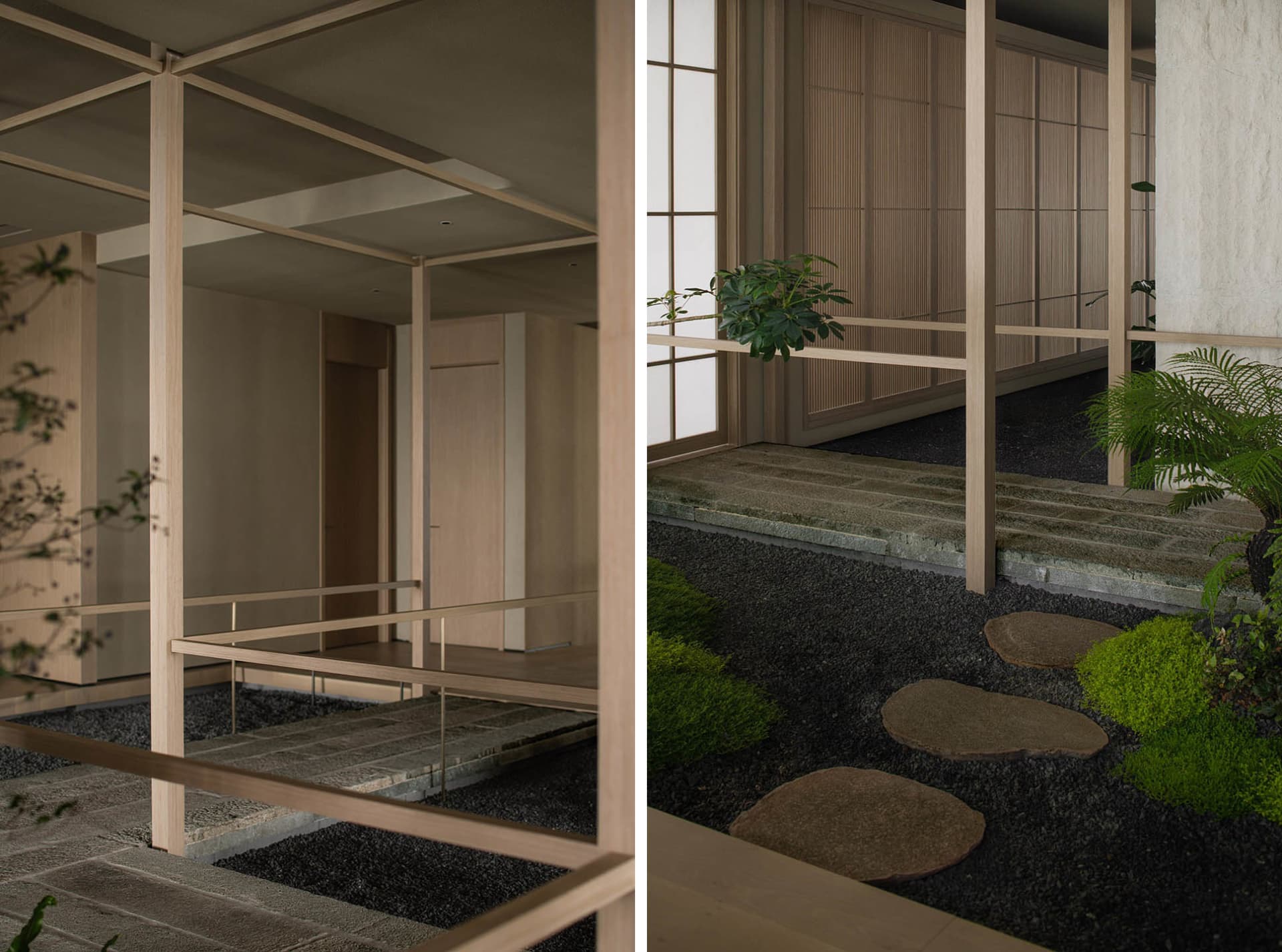 Modern interior design project featuring wooden floors, a staircase, and a potted plant, with a focus on functionality and aesthetics