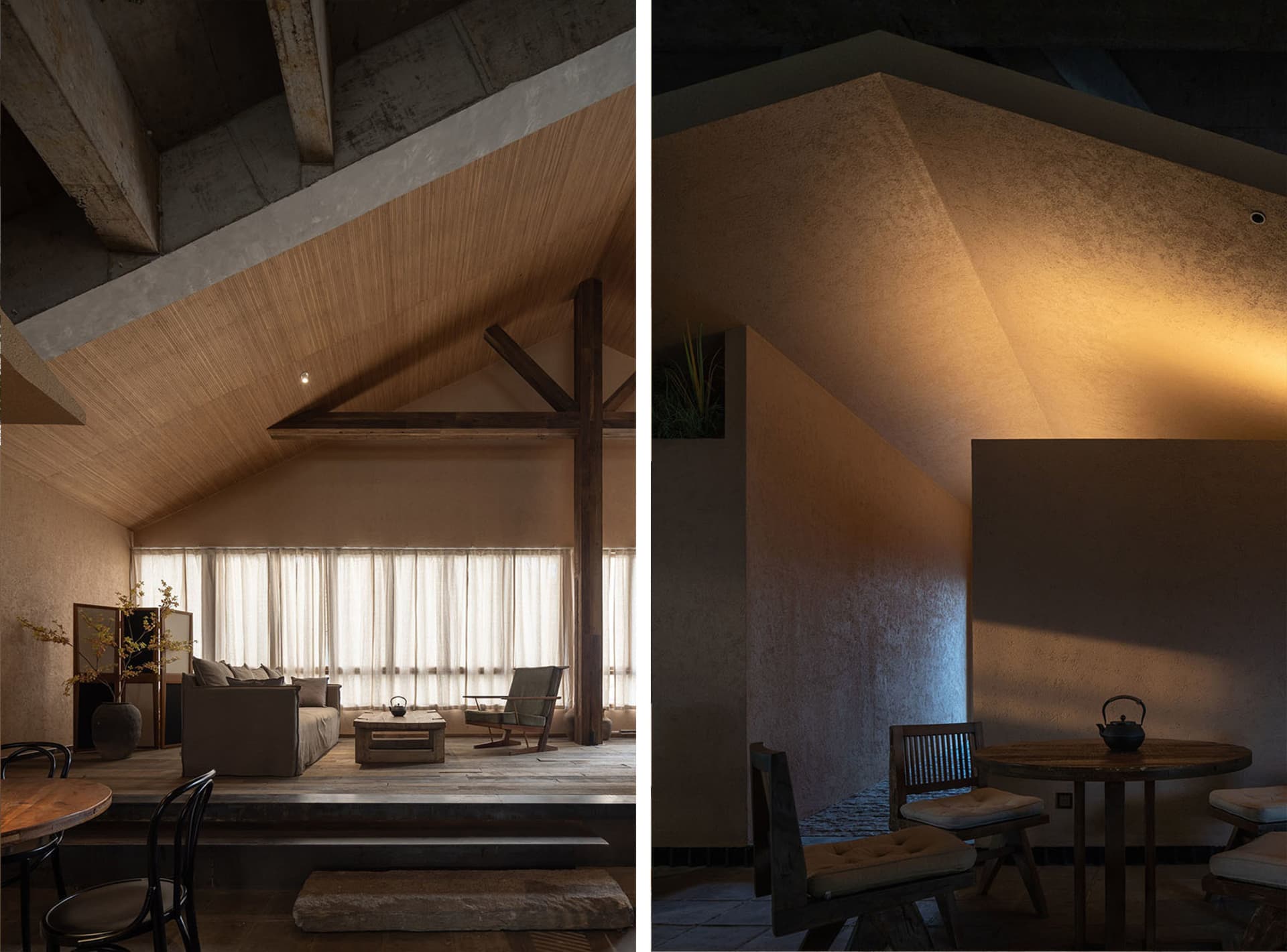 Cozy living space with a mix of natural and artificial lighting, featuring a couch, chairs, dining table, and decorative items, with a warm and inviting atmosphere