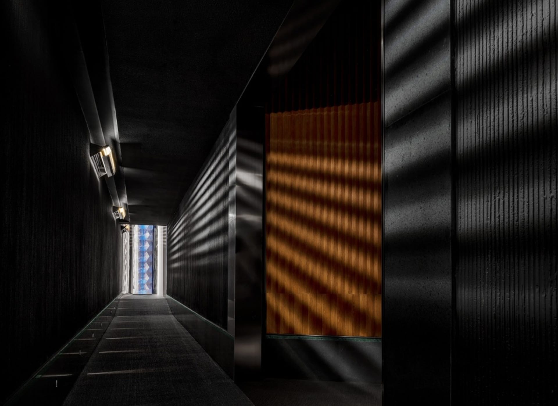 Classic black and white hallway with a wooden door, two doors, and good lighting