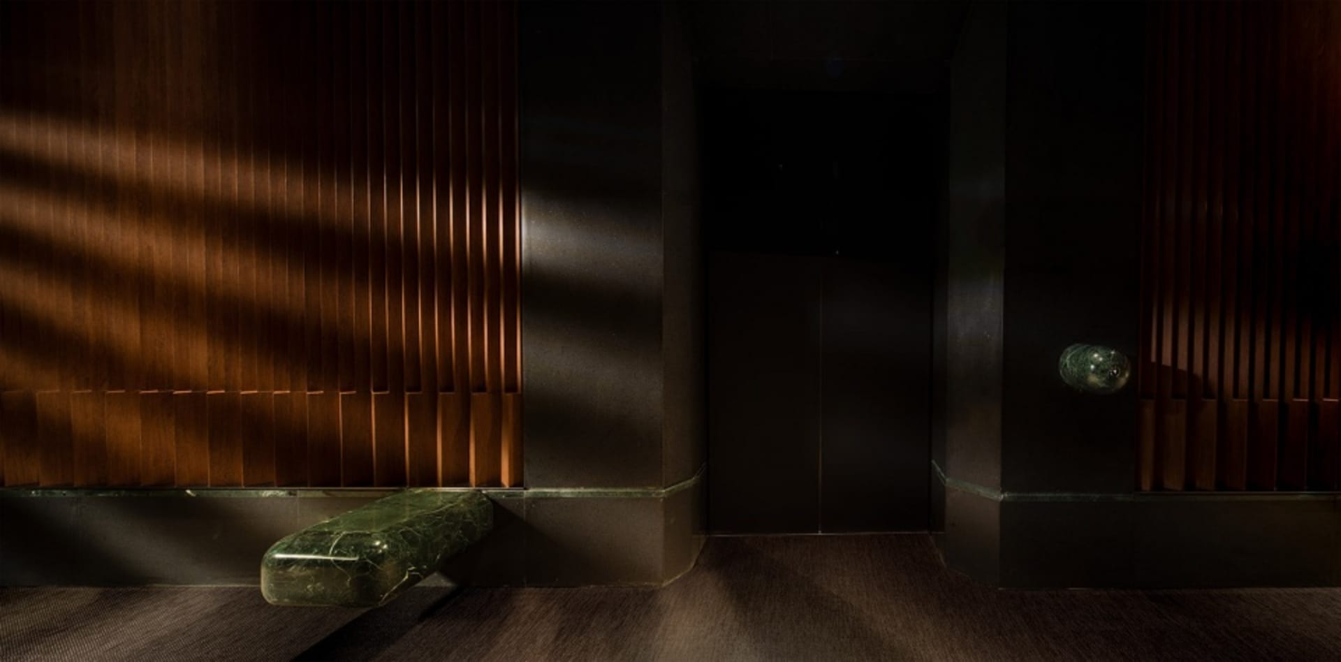 Dark hallway with wood panelled walls, two doors, and low lighting