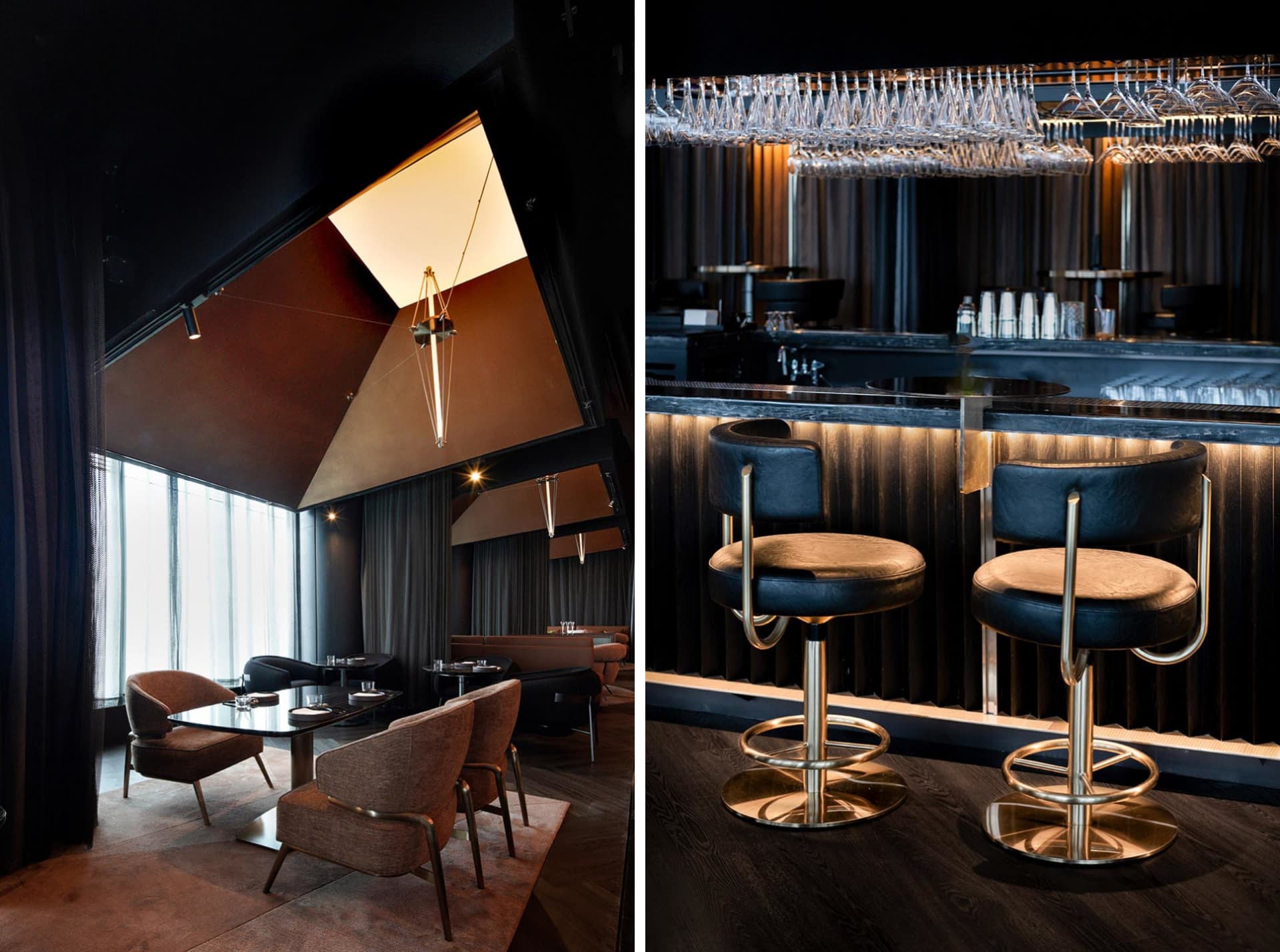 Elegant bar area with comfortable seating, multiple chairs, dining tables, and wine glasses, set in a warm and inviting atmosphere