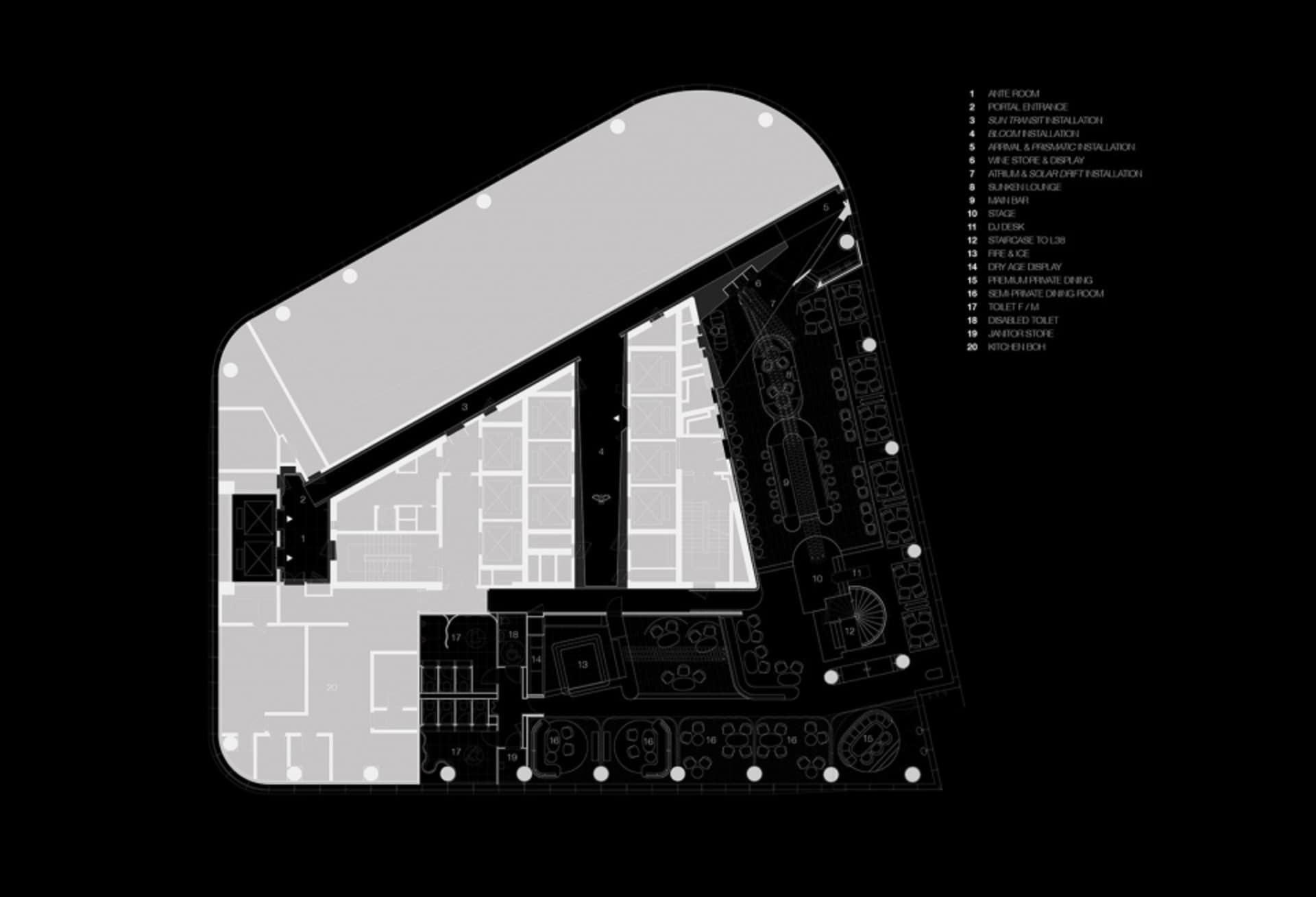 Black and white architectural rendering of a modern building interior with a mix of open areas and smaller rooms, showcasing a complex layout