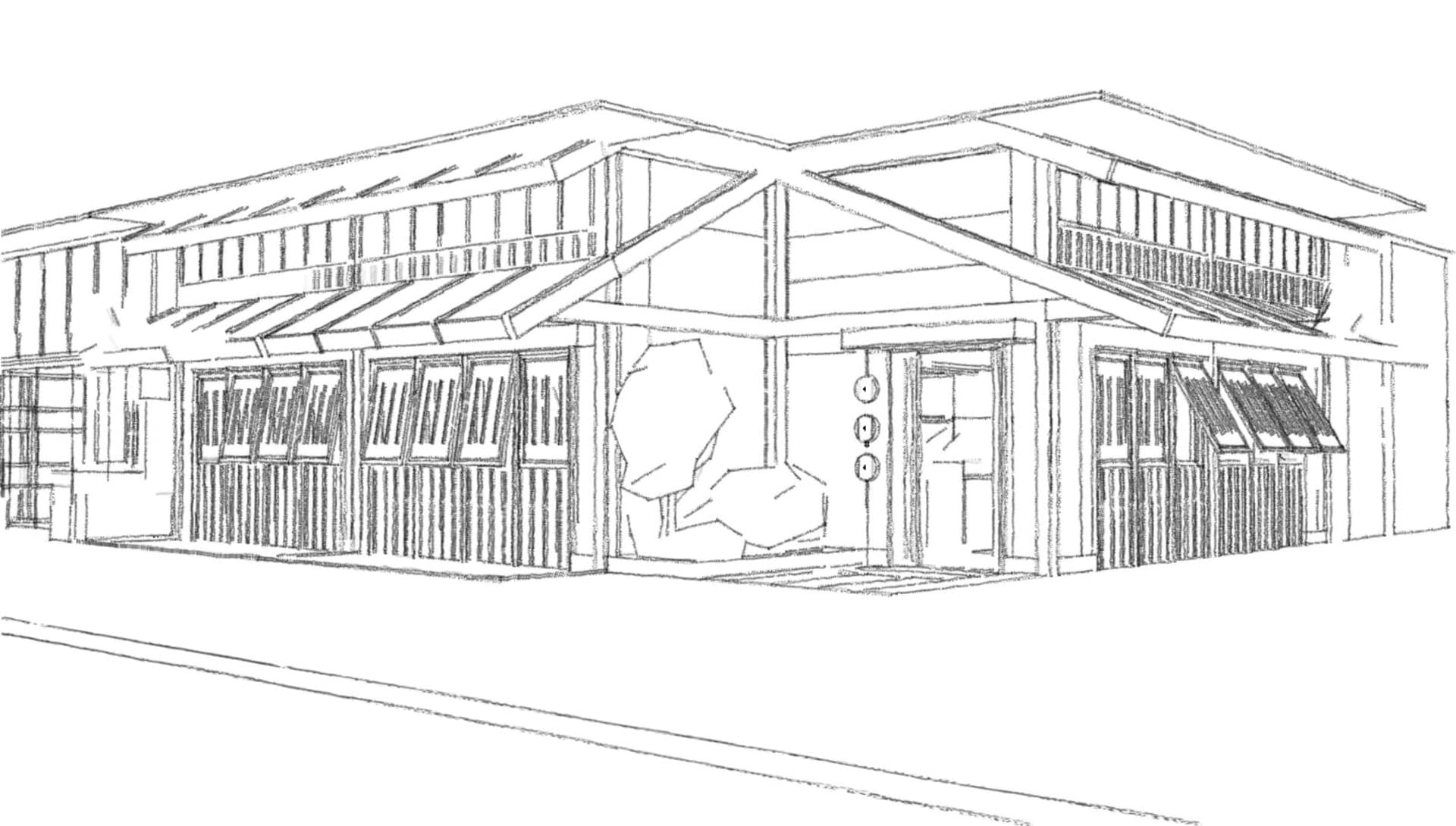 Black and white architectural drawing of a house with a large window and doorway, rendered in a classic style