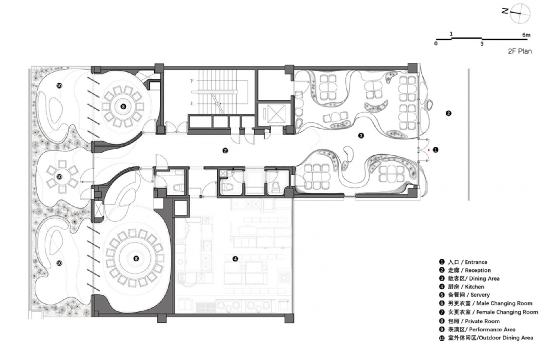 現代建築的 2D 平面圖，包含各式房間與空間，特色為乾淨線條、最小裝飾，以及以中性色調為主