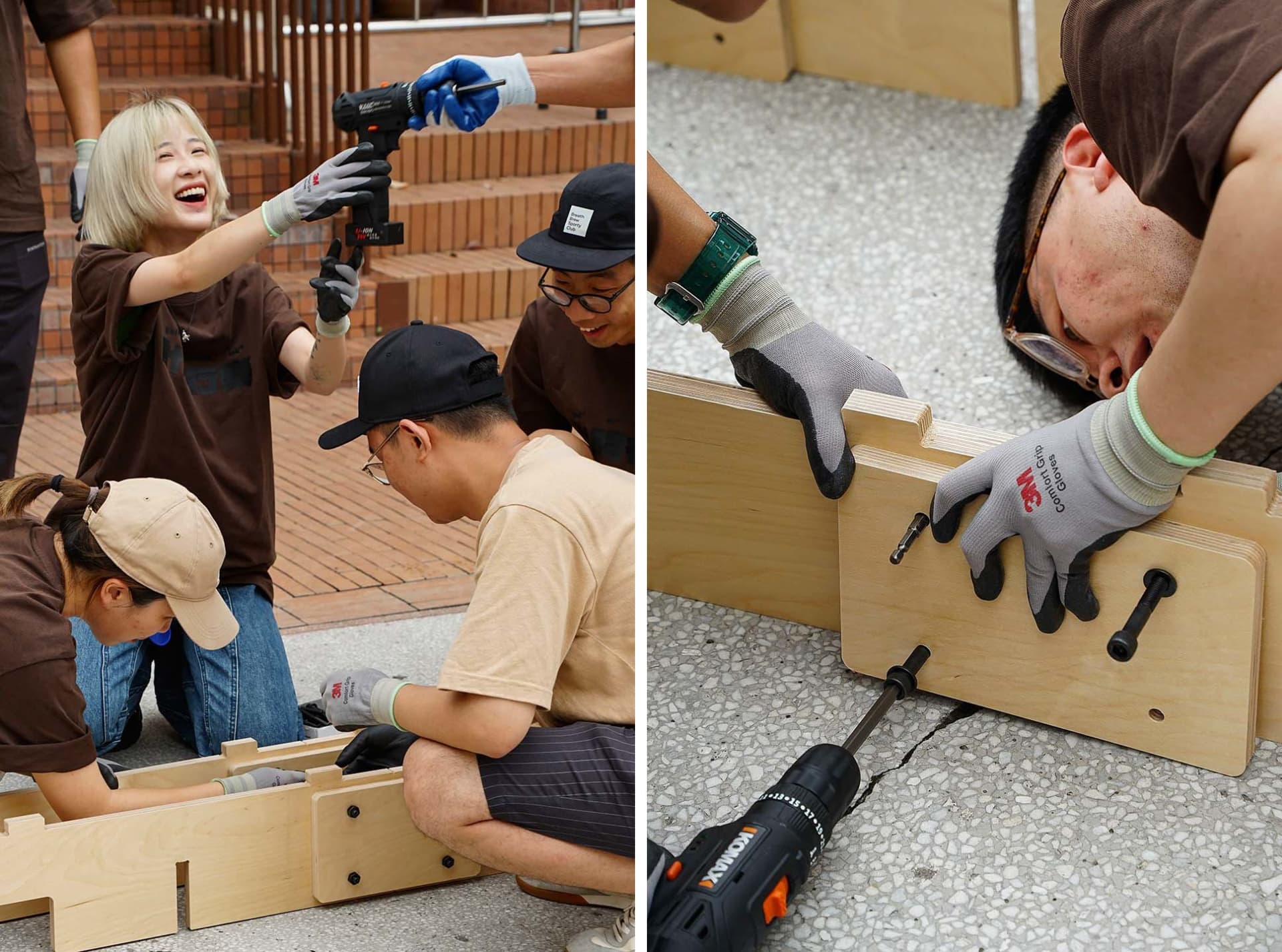 Workers in a construction setting, using tools and collaborating on a project
