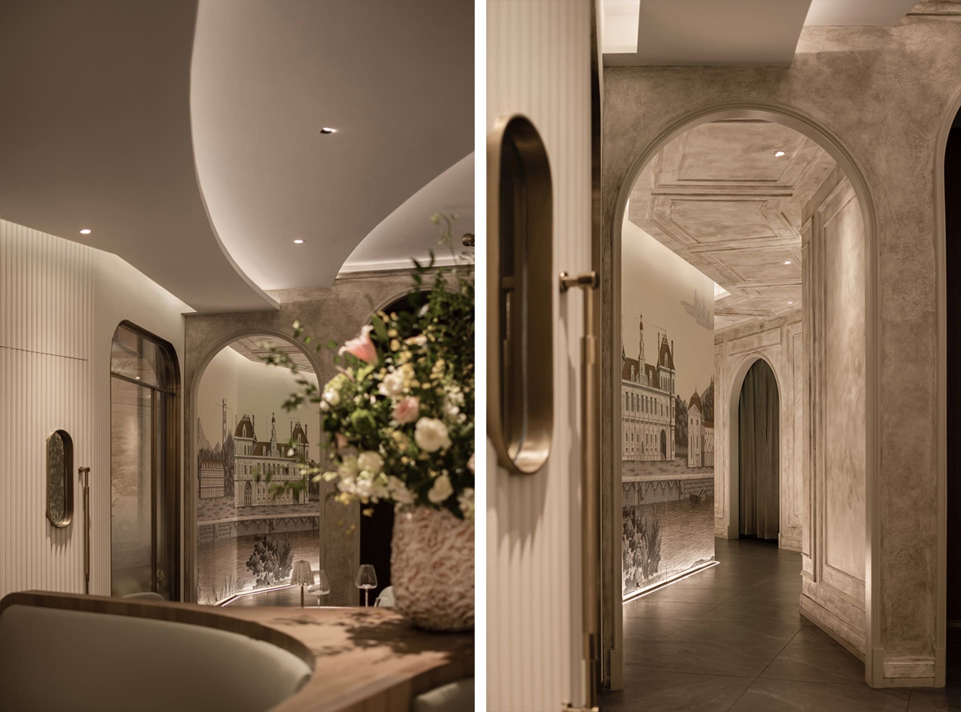 A hotel lobby with potted plants, wine glasses, and a doorway leading to another room, featuring elegant and inviting atmosphere with attention to aesthetics and functionality