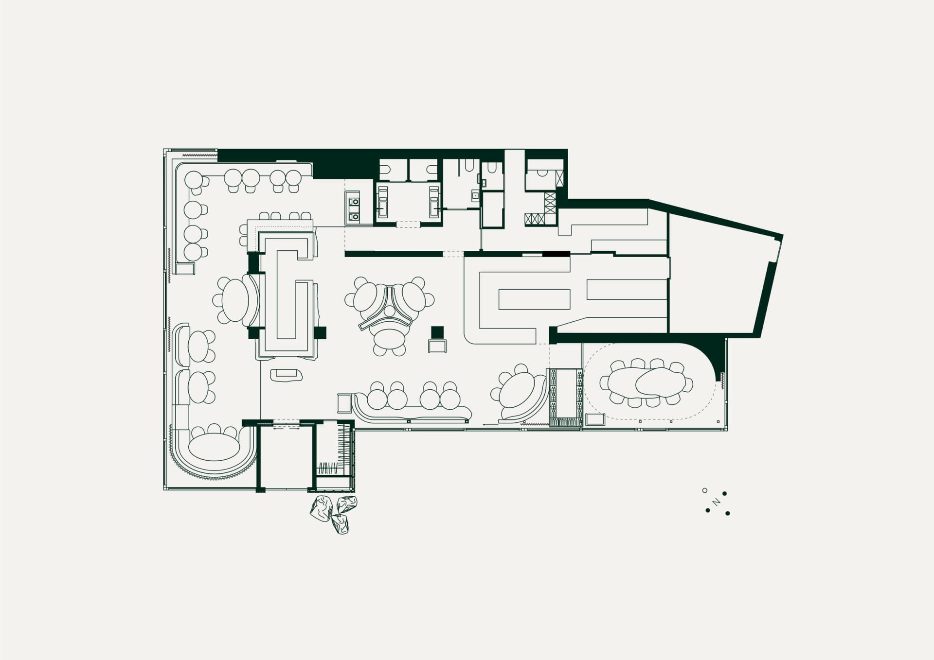 A well-designed living area with couches, chairs, and dining tables, creating a comfortable and inviting atmosphere