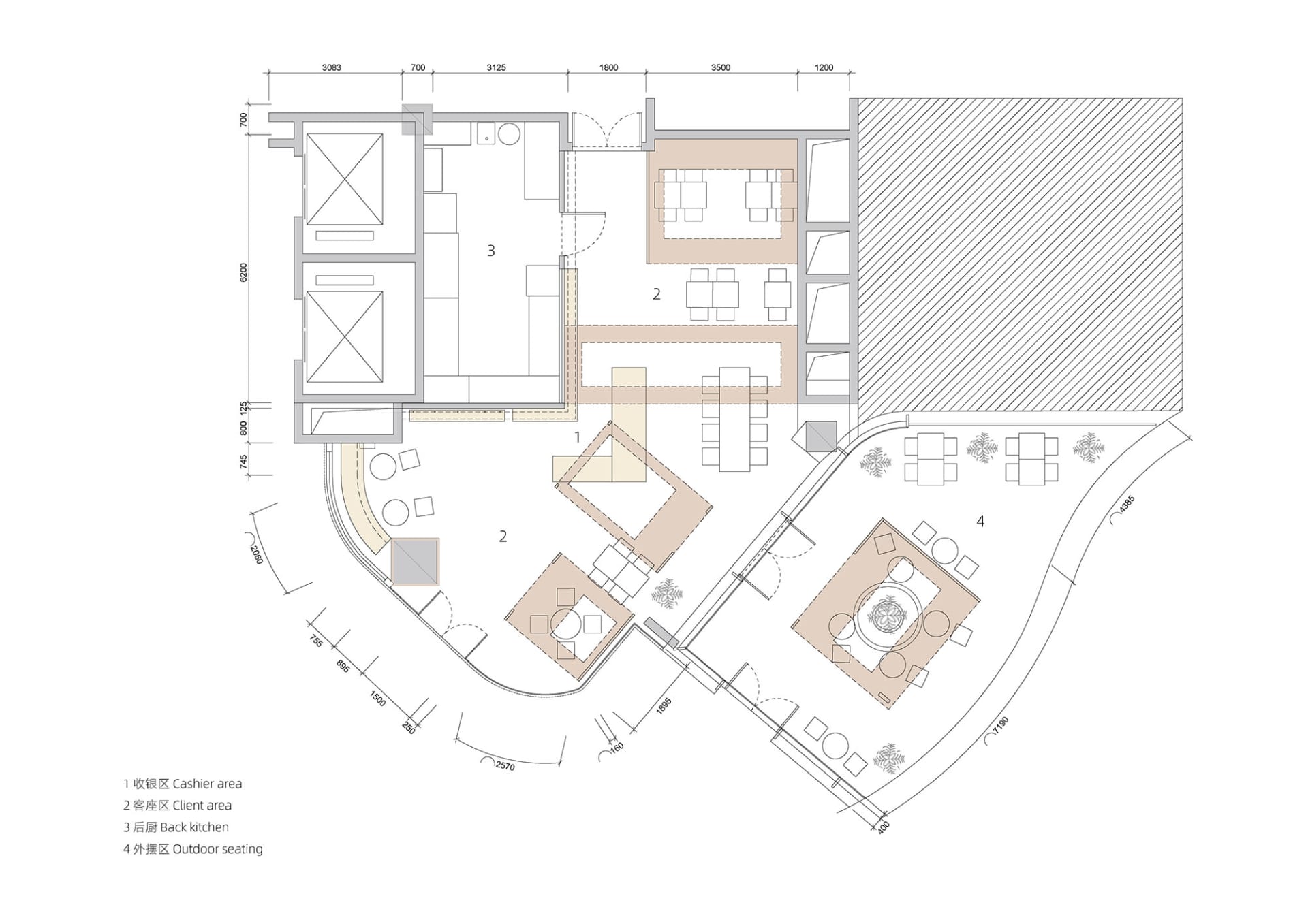 2D floor plan of a modern home with various rooms, including a kitchen, dining area, living room, and bedroom, featuring wood and glass materials and a warm ambiance