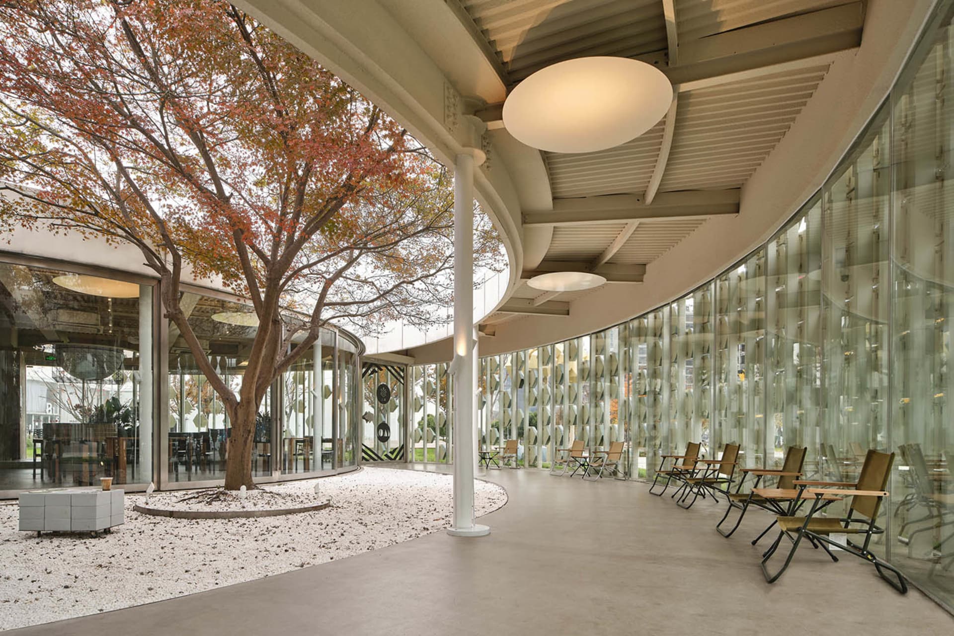 A modern interior space with a large glass wall, chairs, a dining table, and a potted plant, designed for relaxation and socializing