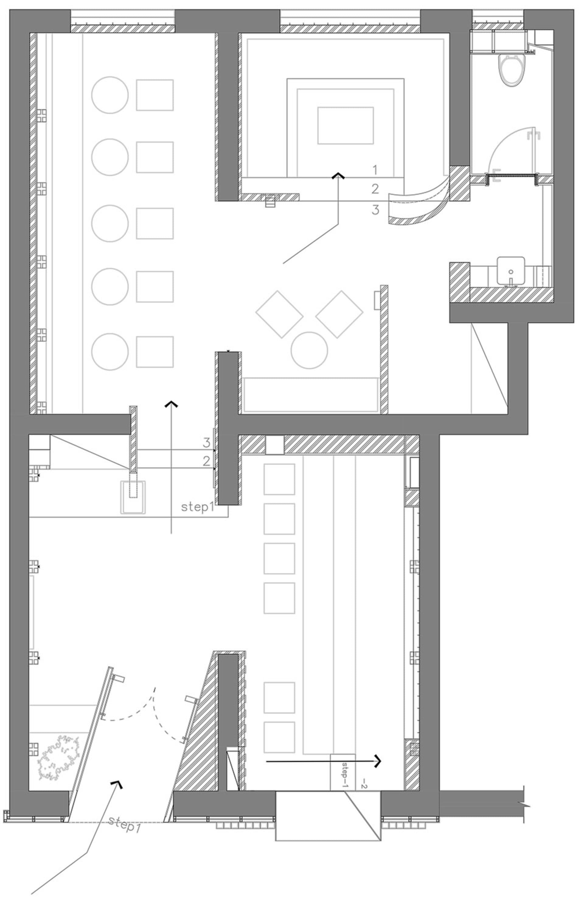 Black and white floor plan of a well-organized office space with clear divisions between different areas