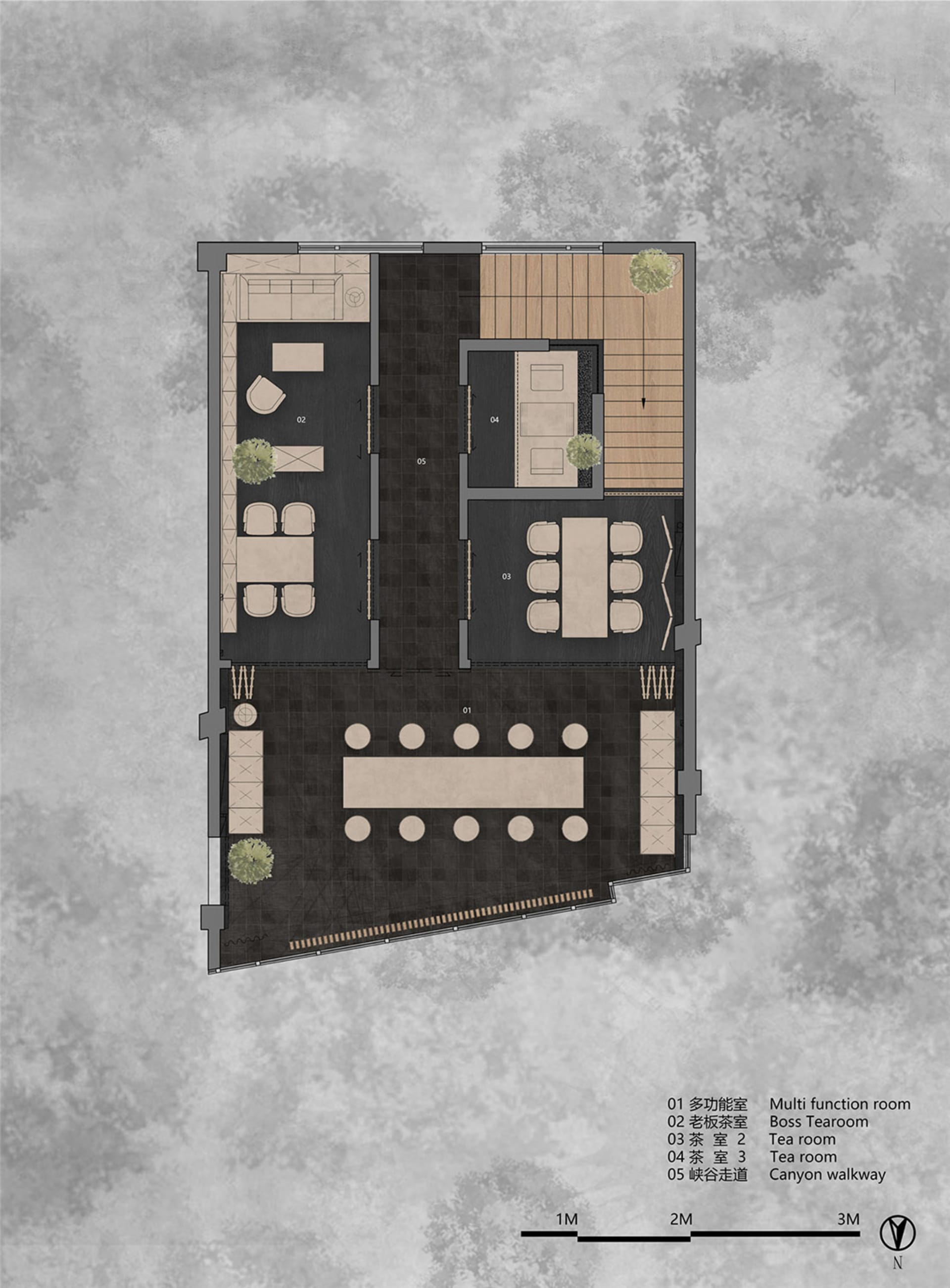 A well-designed home interior with wooden floors and walls, featuring a multi-functional room with dining, living, and kitchen areas, and comfortable seating for socializing