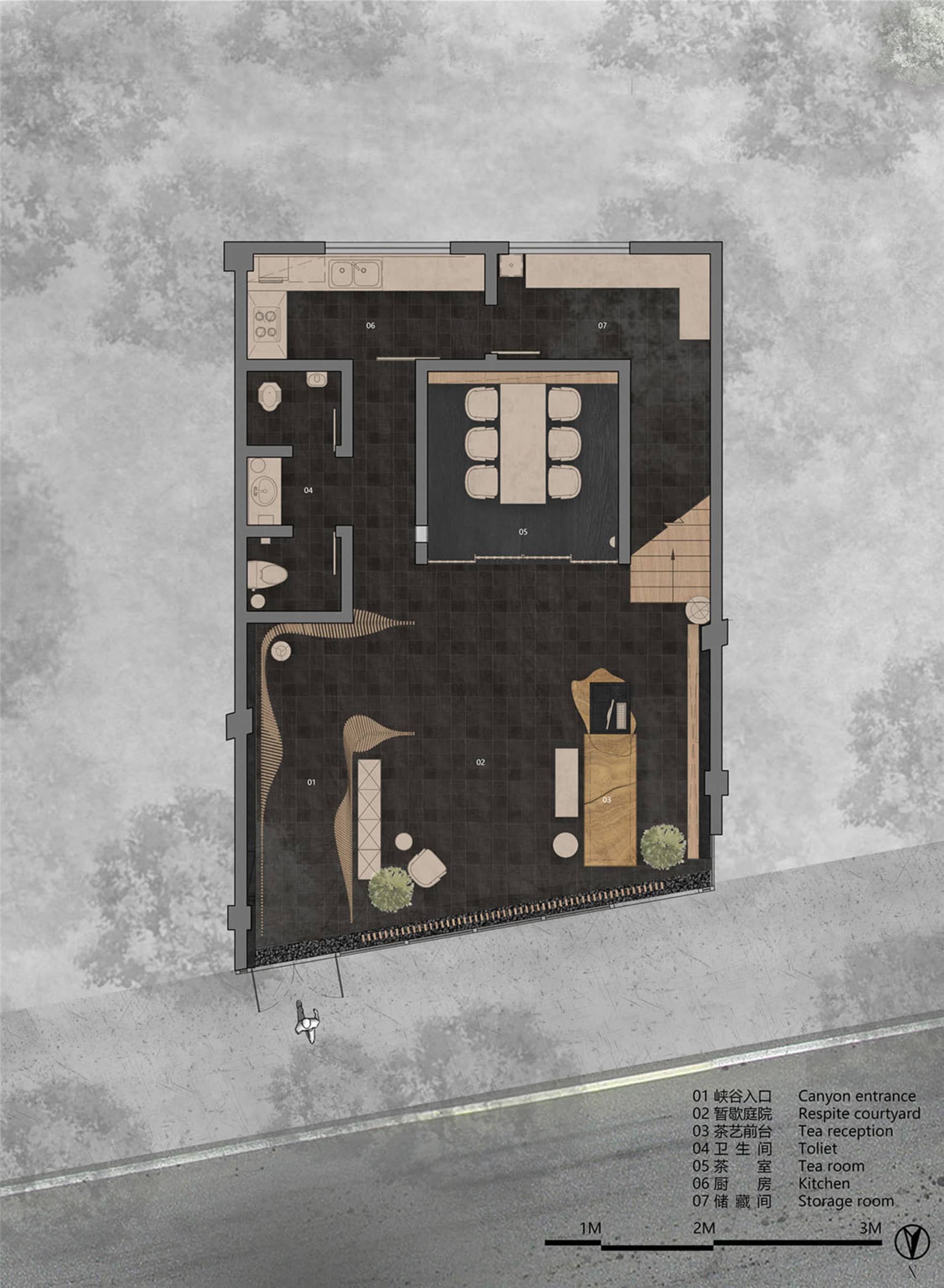 A warm and inviting home interior with wooden floors and walls, featuring a living room, dining area, kitchen, and bedroom, with chairs and potted plants adding to the cozy atmosphere