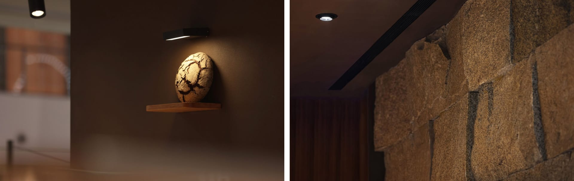 A room with a brown wall, empty except for a rock in one view, and empty in the other view