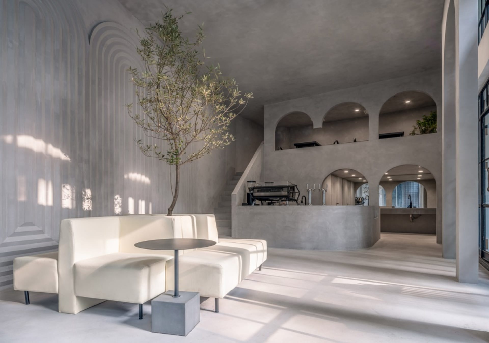 Empty modern living space with a couch, dining table, chairs, and a potted plant, featuring clean lines and neutral tones