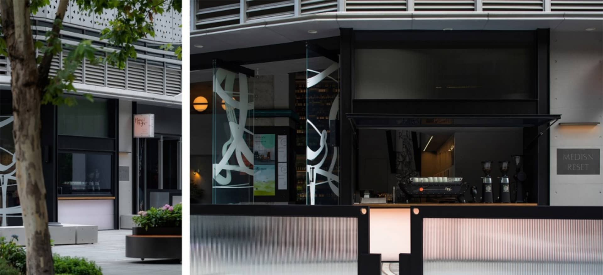 A bright and airy cafe with glass walls, a counter with displayed items, and potted plants, featuring a classic and timeless black and white photo alongside a modern view