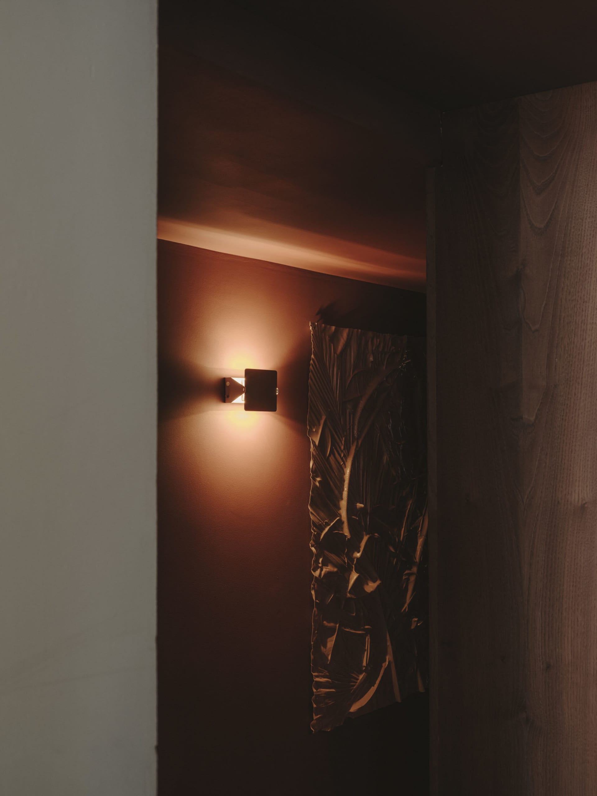 Dark hallway with wood walls, lit by two lights on either side of a door