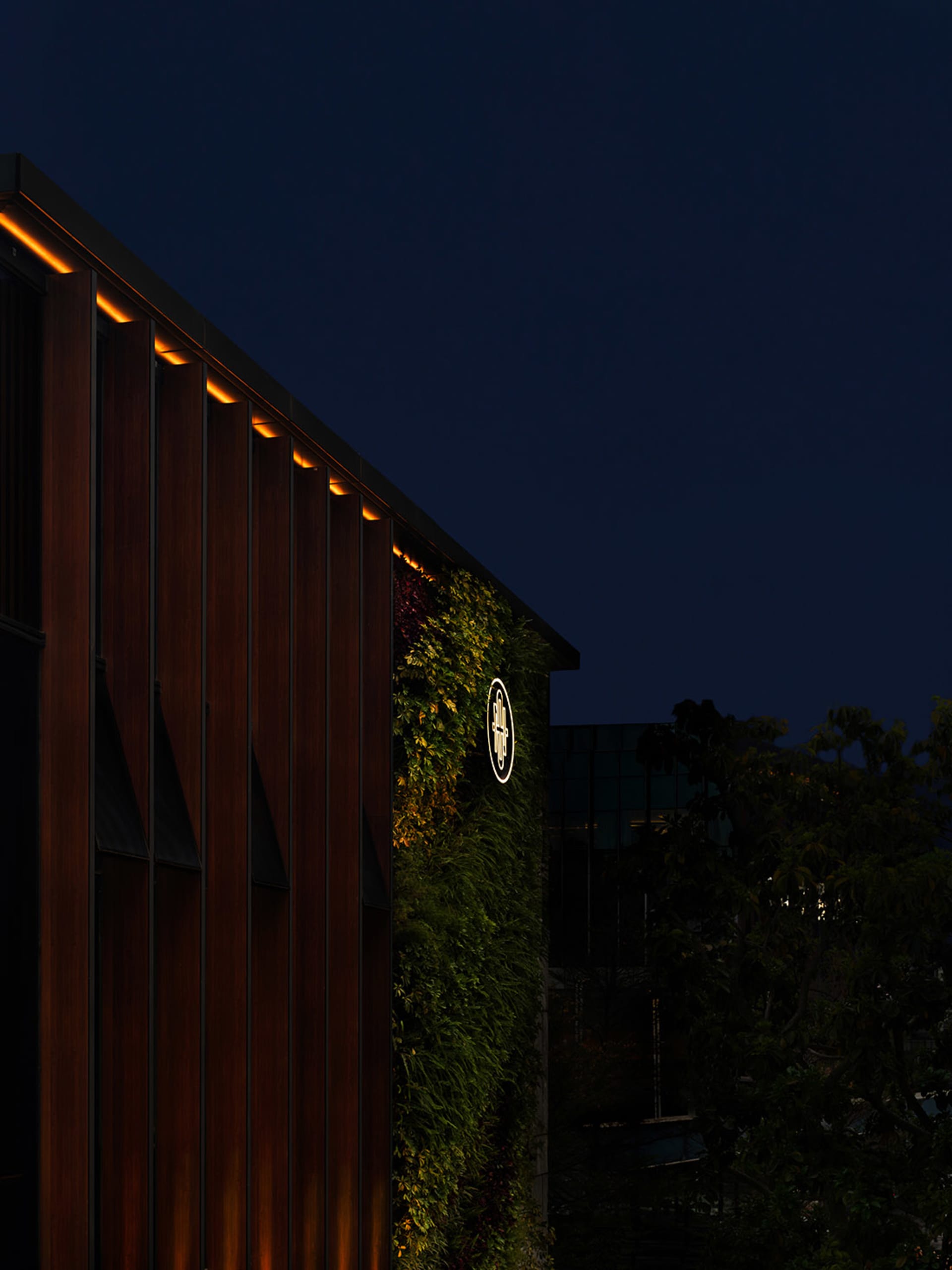 A modern building with a green stone/concrete wall and a wooden exterior, set against a nighttime background