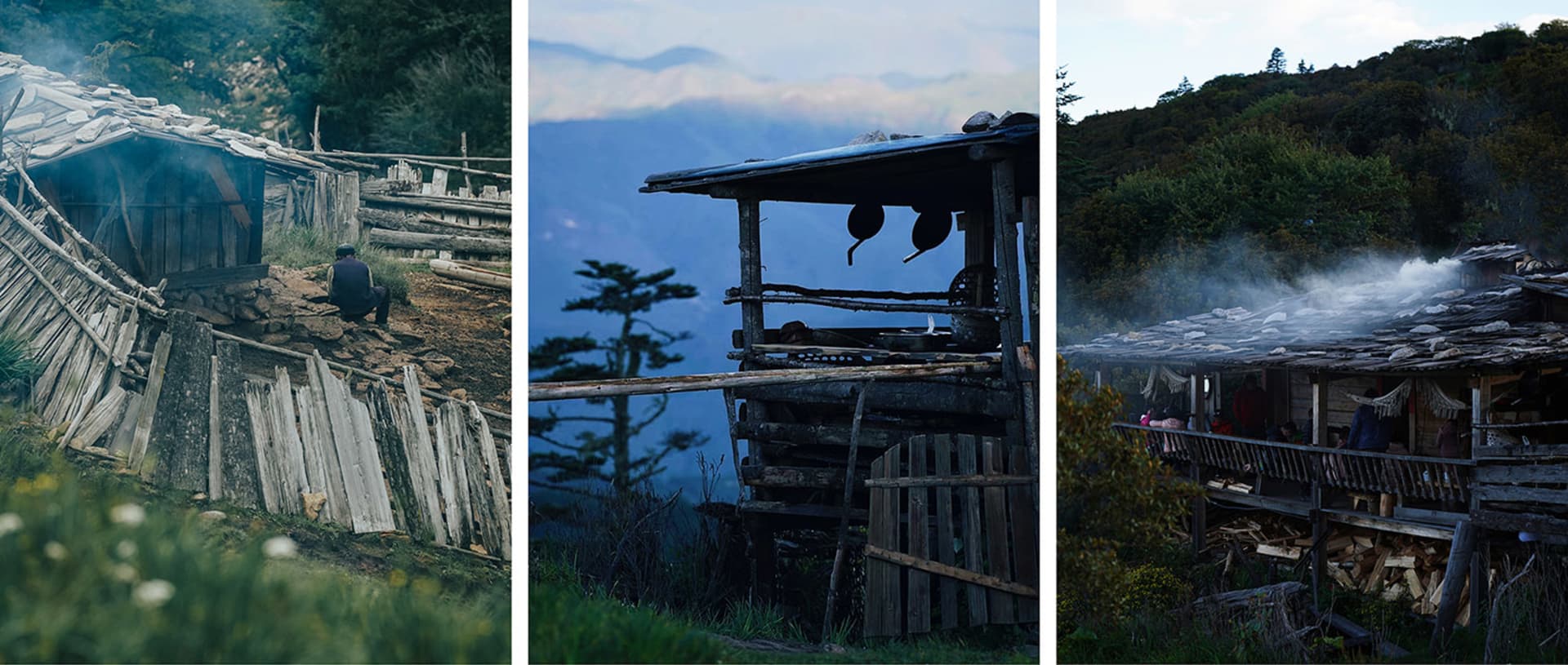 Three images of wooden, stone, and log structures in a mountainous area, showcasing rural life and natural surroundings