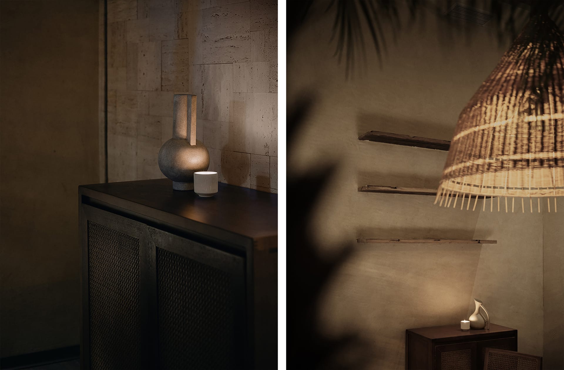 A modern living space with a mix of stone and wood textures, featuring a couch, chair, dining table, vases, and potted plants, with a warm and earthy ambiance