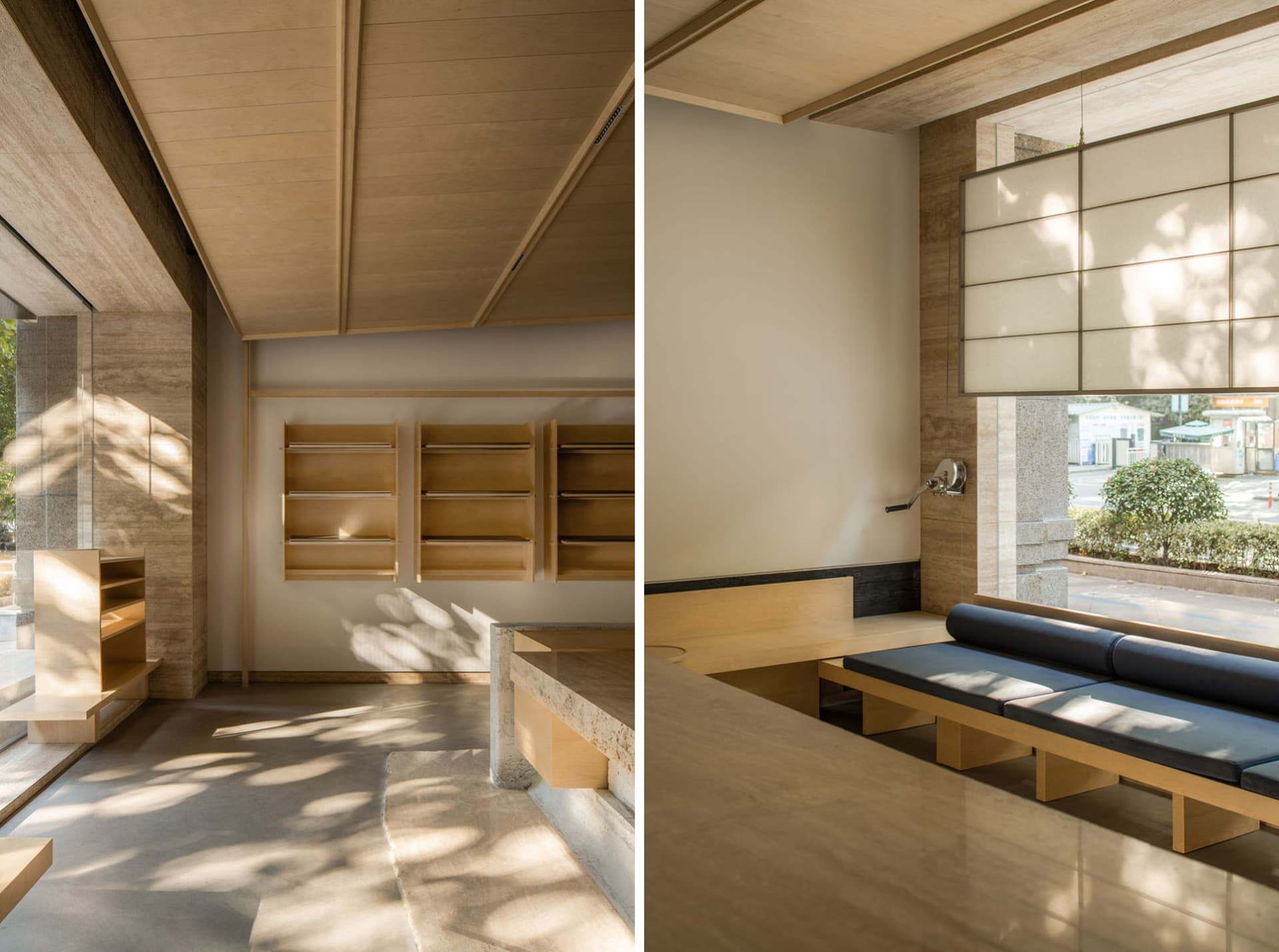 A room with wooden floors and a large window, featuring a bench and a sink, with a bright and airy atmosphere