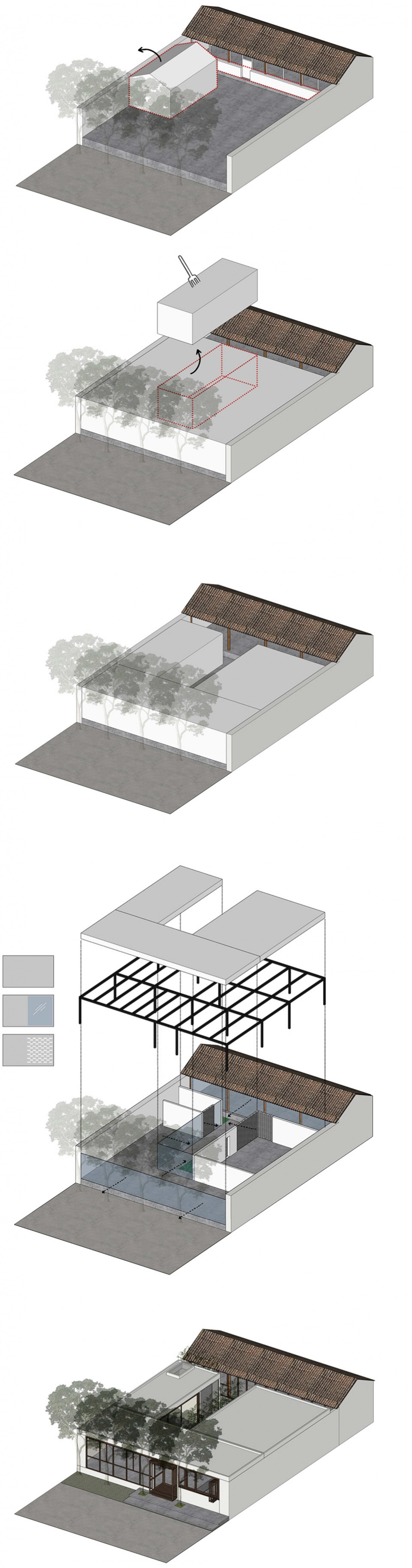 Architectural drawing of a modern house with a patio area, featuring walls, windows, doors, and furniture, rendered in a daytime setting