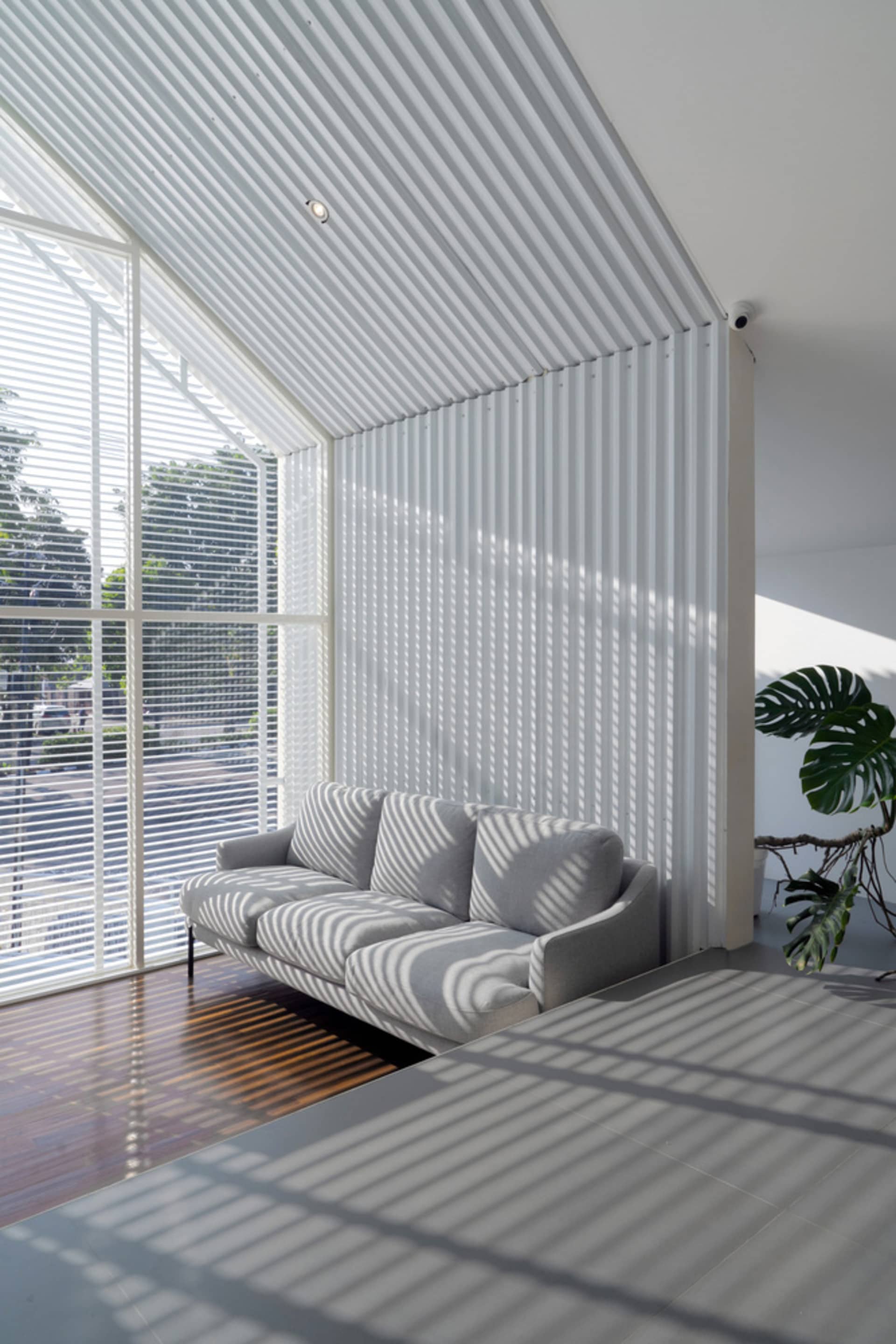 Open living area with a striped sofa, vertical blinds, potted plants, and a chair, featuring natural light and a simple atmosphere