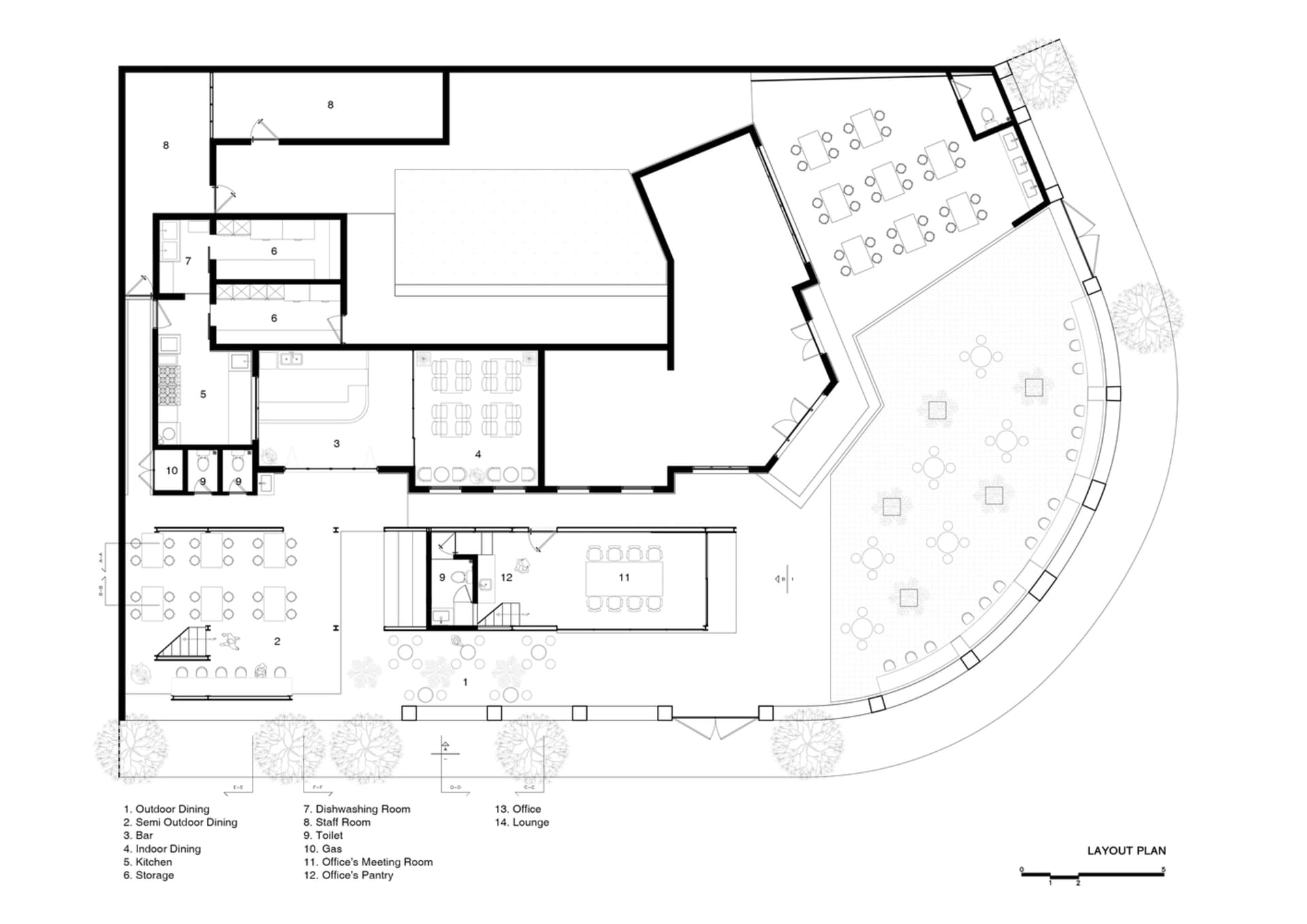 A modern office space with a mix of styles, featuring a lobby, hallway, lounge, and office areas with tables, chairs, and potted plants