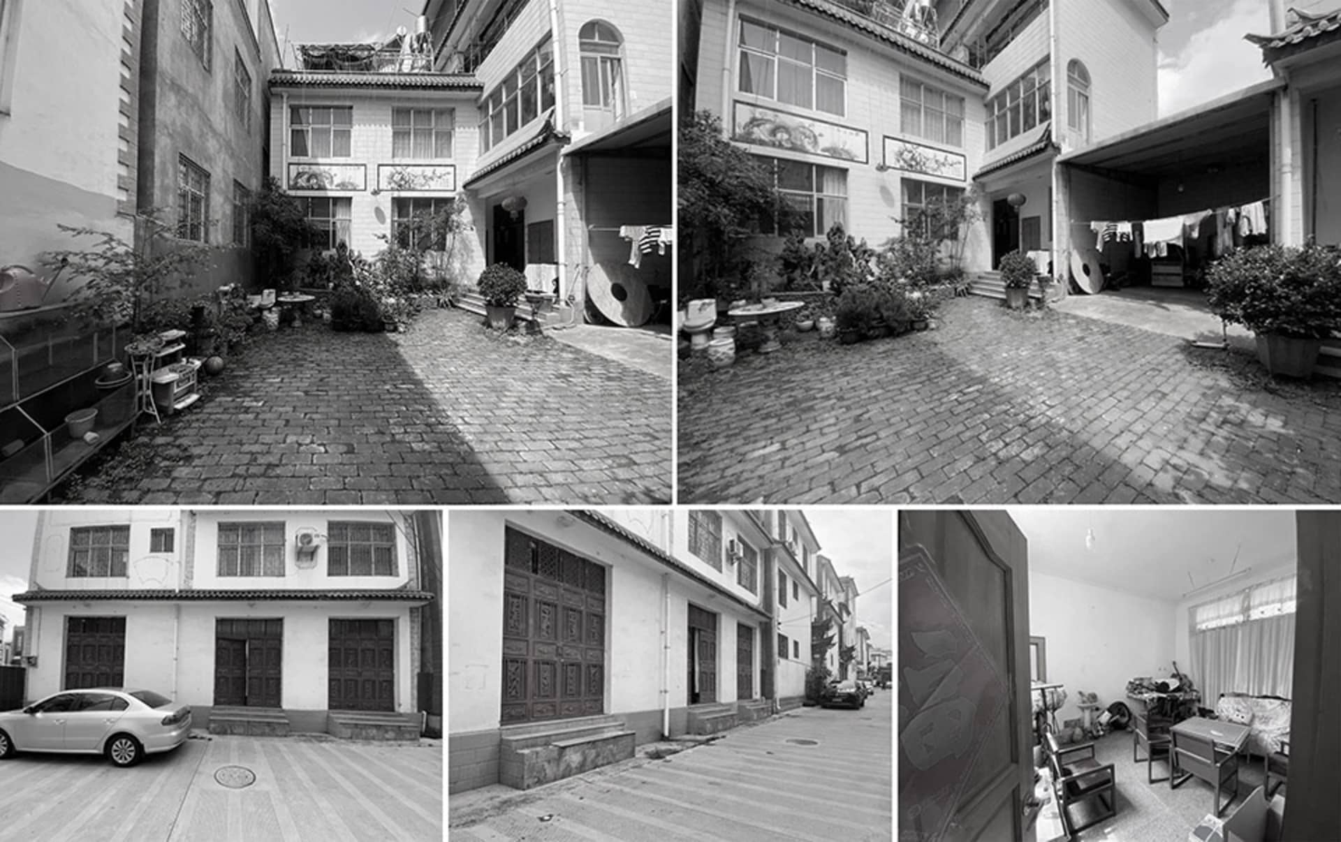 一棟亞洲建築的照片，展現其室內外設計元素，包括門窗、植物及盆栽等