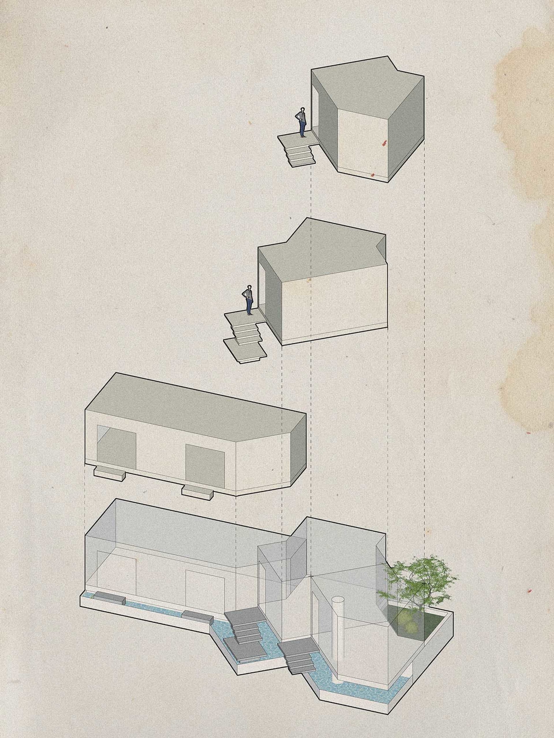 現代建築多層樓的 2D 樓層平面圖，包含樓梯、門窗等細節